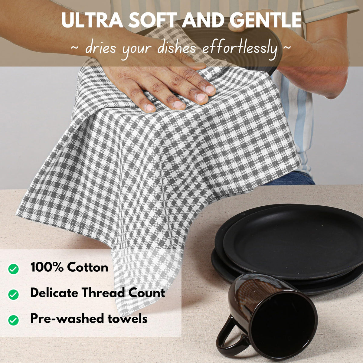 12 Pack Gingham Mini Check Kitchen Dish Towel Cotton Durable Washable 16"x26" (12 Count)