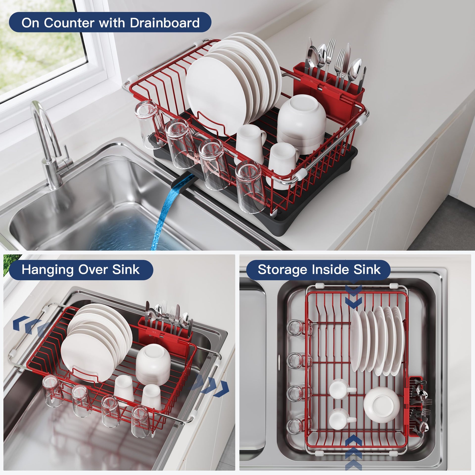 Red Dish Drying Rack in Sink with Drainboard and Utensil Holder