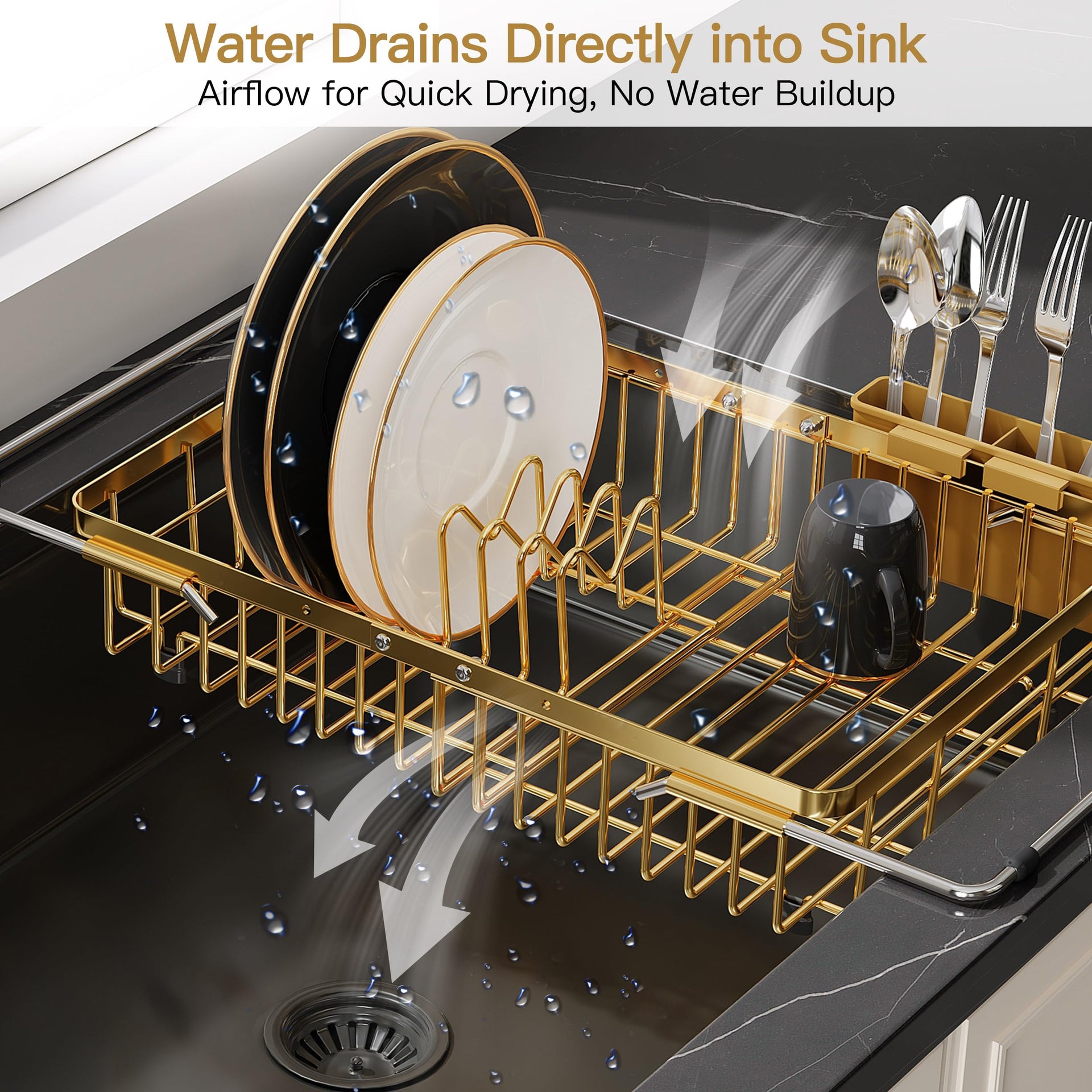 Gold Dish Drying Rack Over the Sink with Utensil Holder