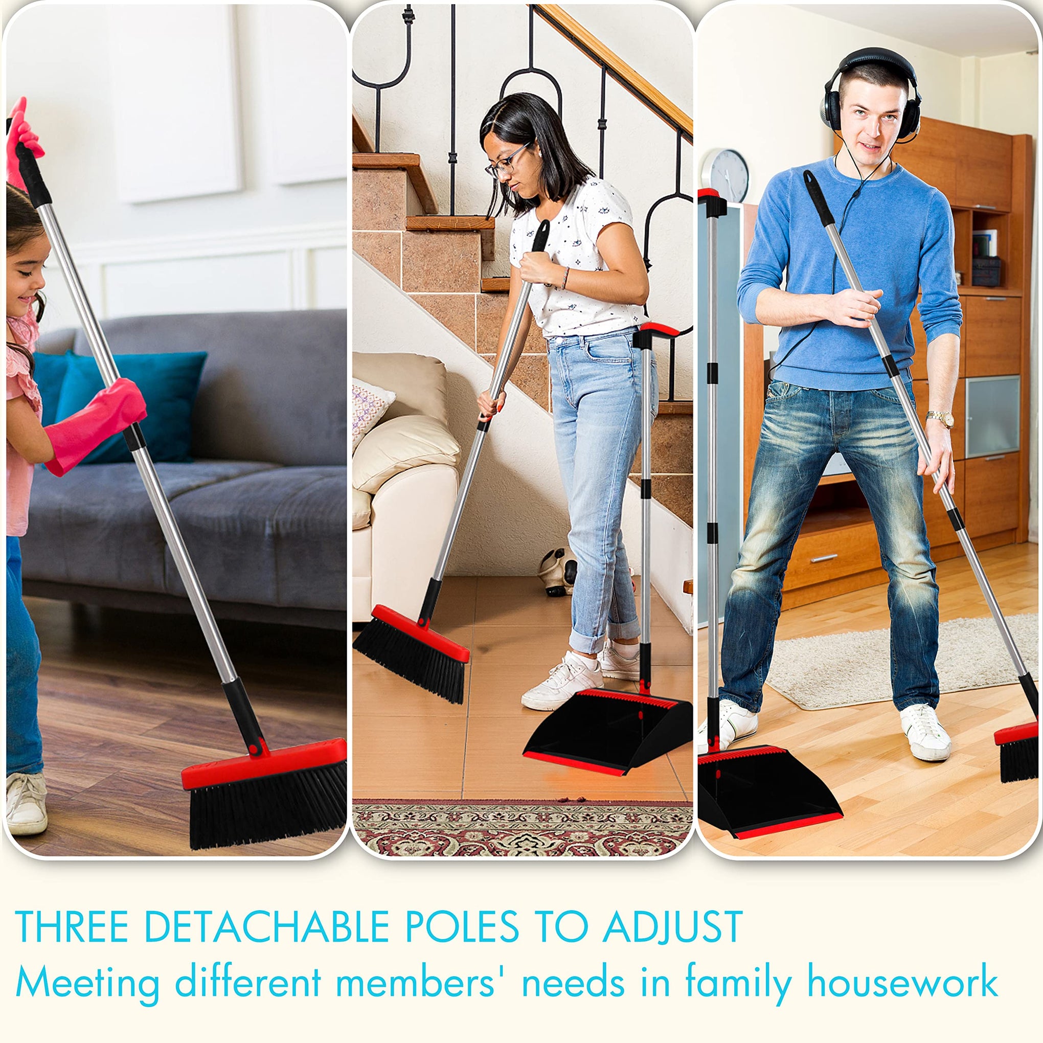2 Pack Broom and Dustpan Set with 48" Long Handle Black (2 Count)