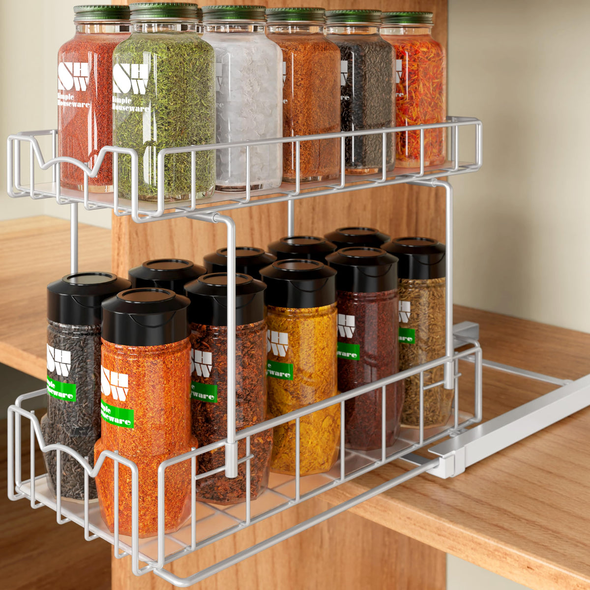 2 Tier Spice Rack Slide Out Wire Basket Drawer
