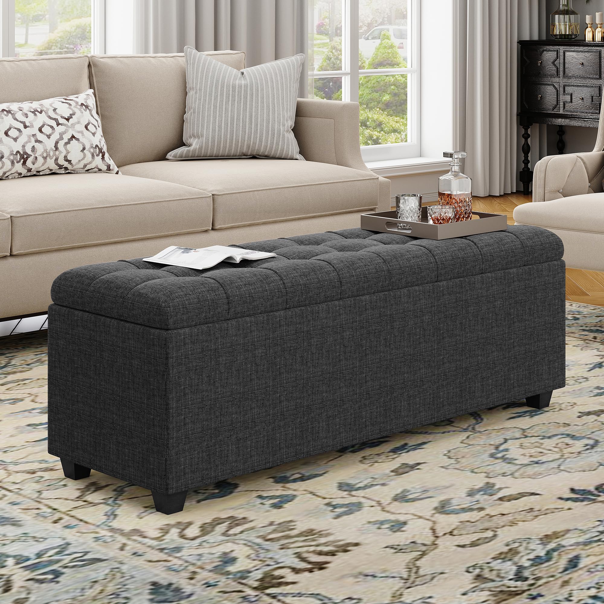 Soft Dark Grey 38" Large Storage Ottoman Bench with Hinged Lid and Footrest