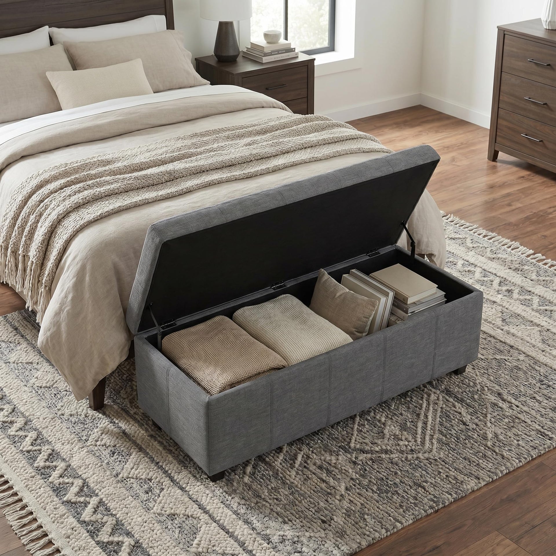 Avalon 48" Wide Linen Look Fabric Storage Ottoman in Slate Grey