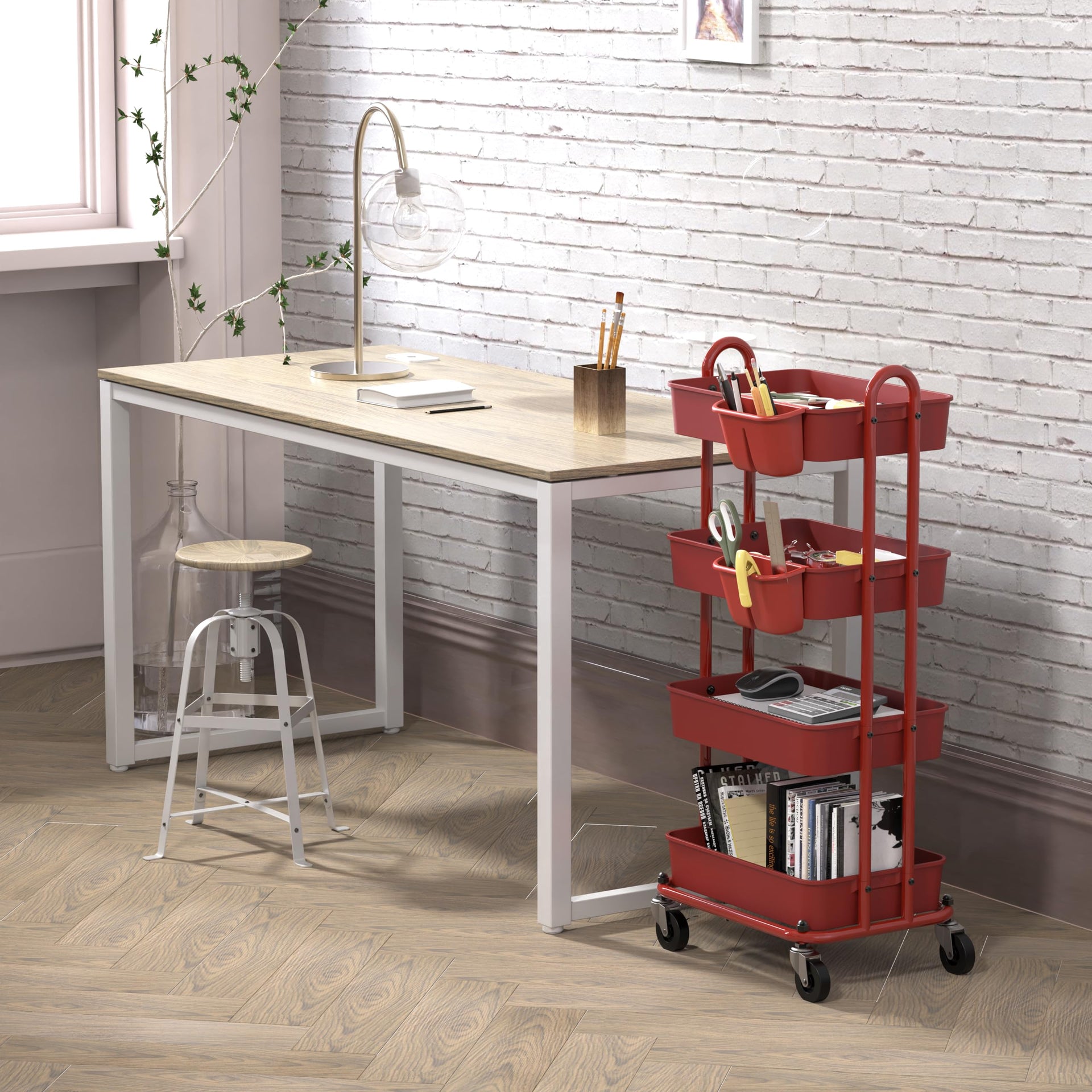 4 Tier Rolling Utility Cart with Hanging Bucket