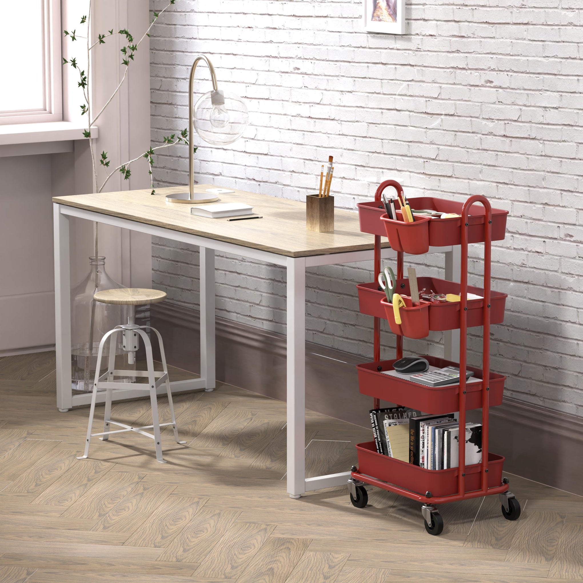 4 Tier Rolling Utility Cart with Hanging Bucket