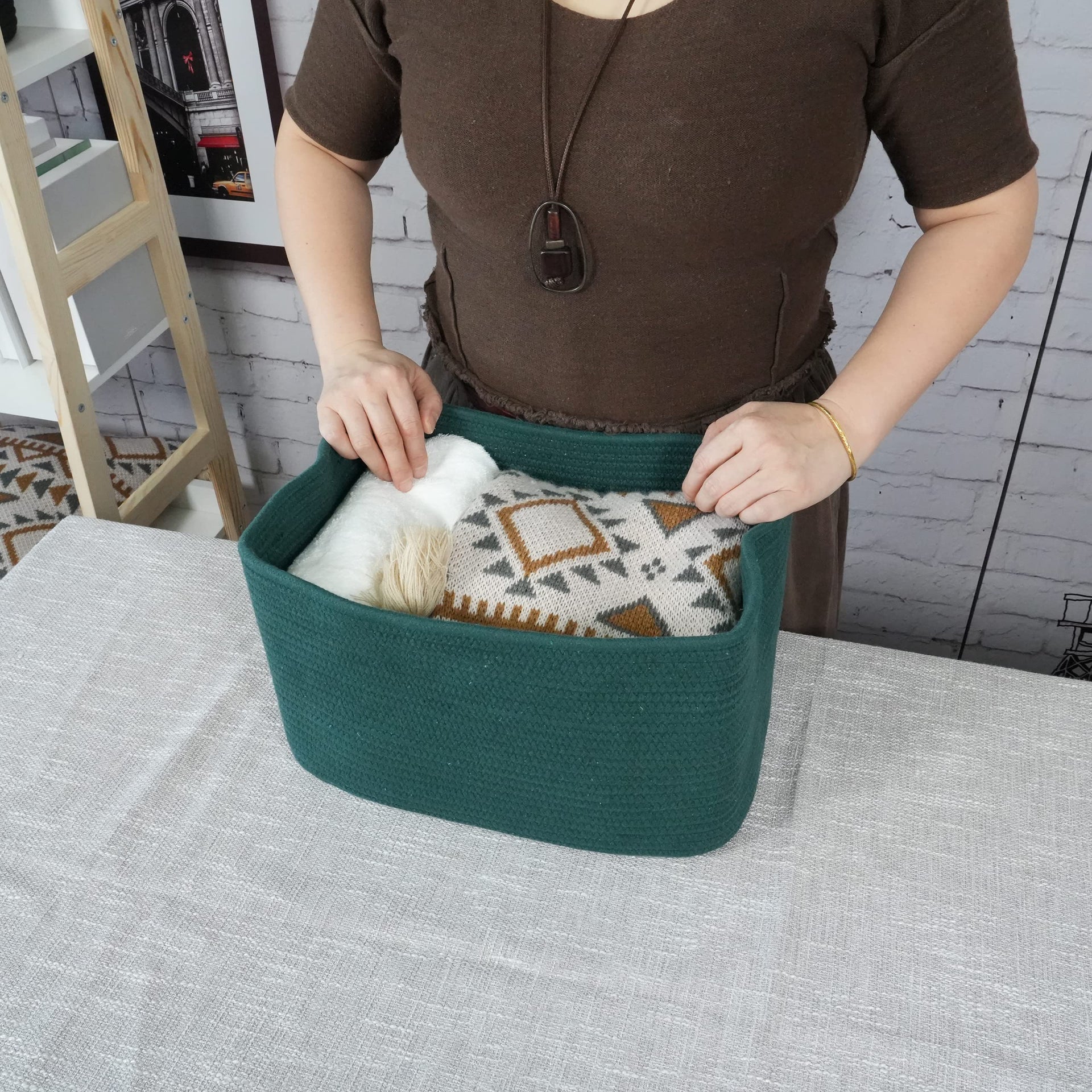 Woven Cotton Rope Storage Baskets 15x10x9.3" 3 Pack Dark Green