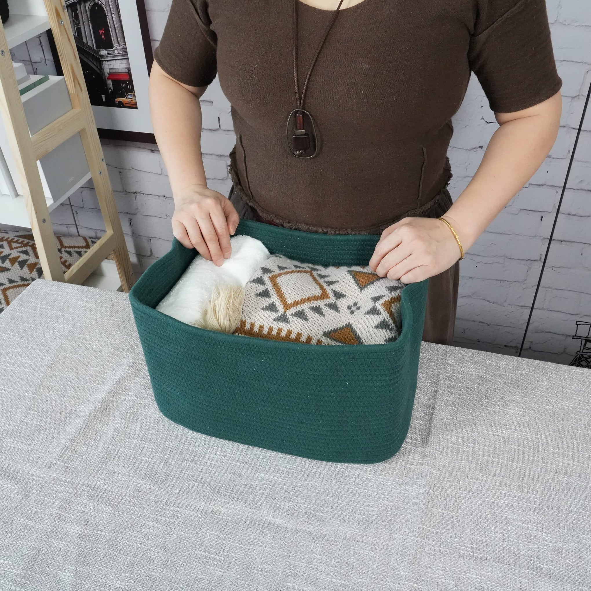 Woven Cotton Rope Storage Baskets 15x10x9.3" 3 Pack Dark Green