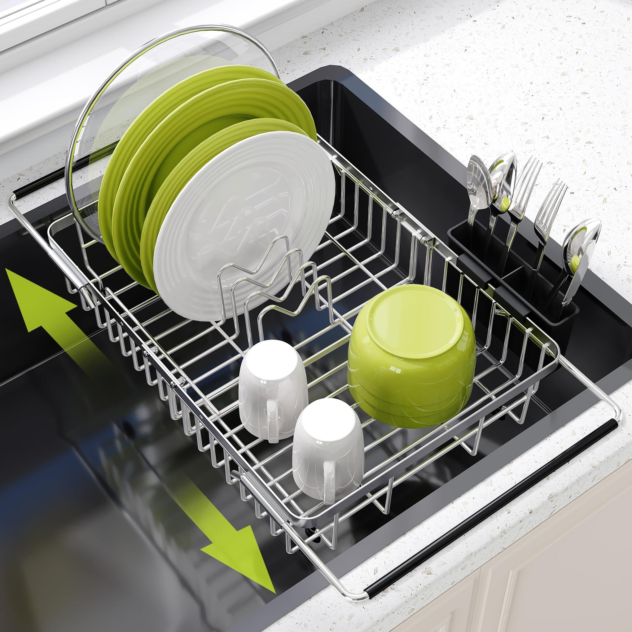 Expandable Dish Drying Rack Over the Sink with Utensil Holder