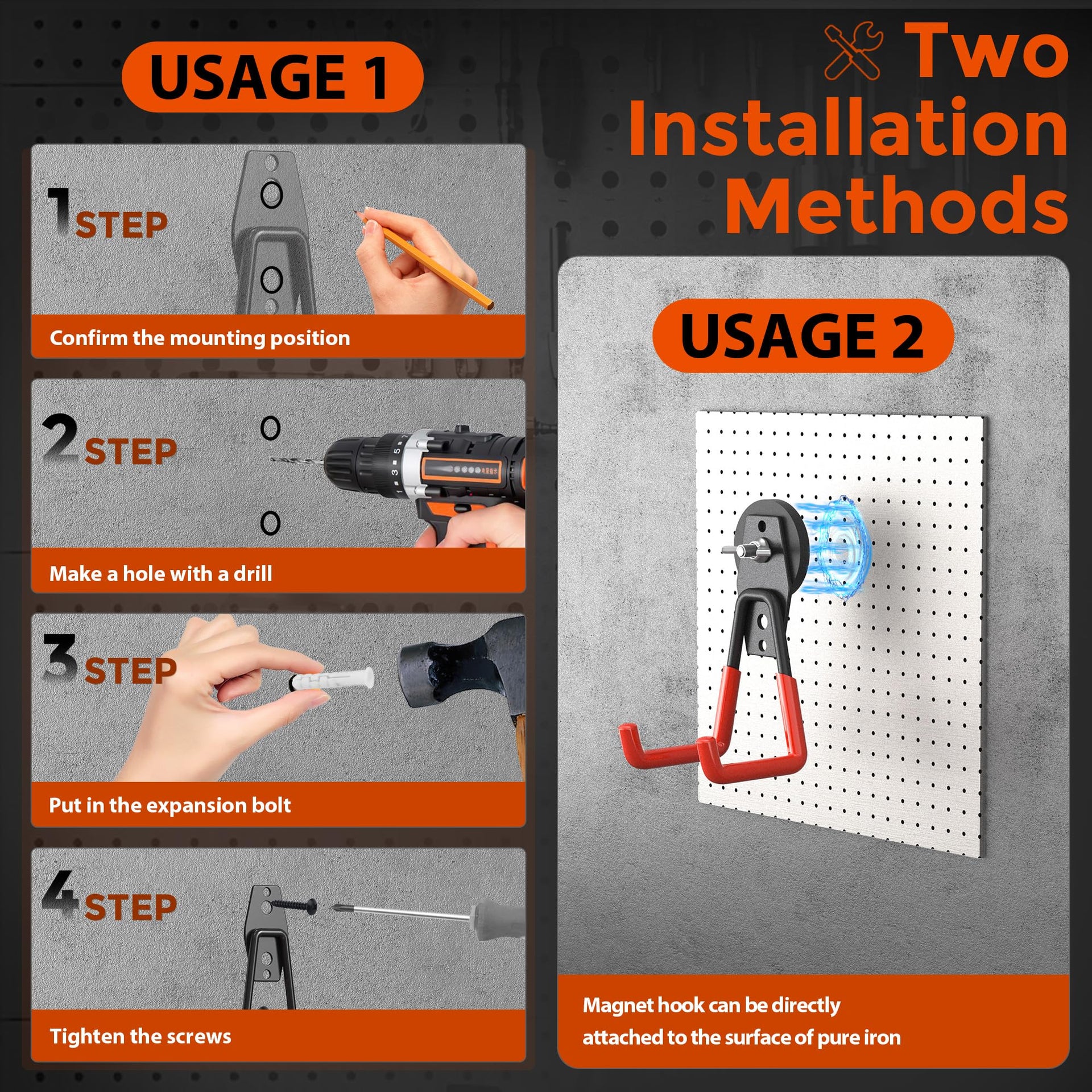 4 Pcs Large Strong Magnetic Hooks Heavy Duty Garage Big Magnet Hooks Extra Strength Magnetic Utility Storage Hook Hanger with Anti Slip Coating for Garden Indoor Outdoor Hanging Tools Orange (4 Count)