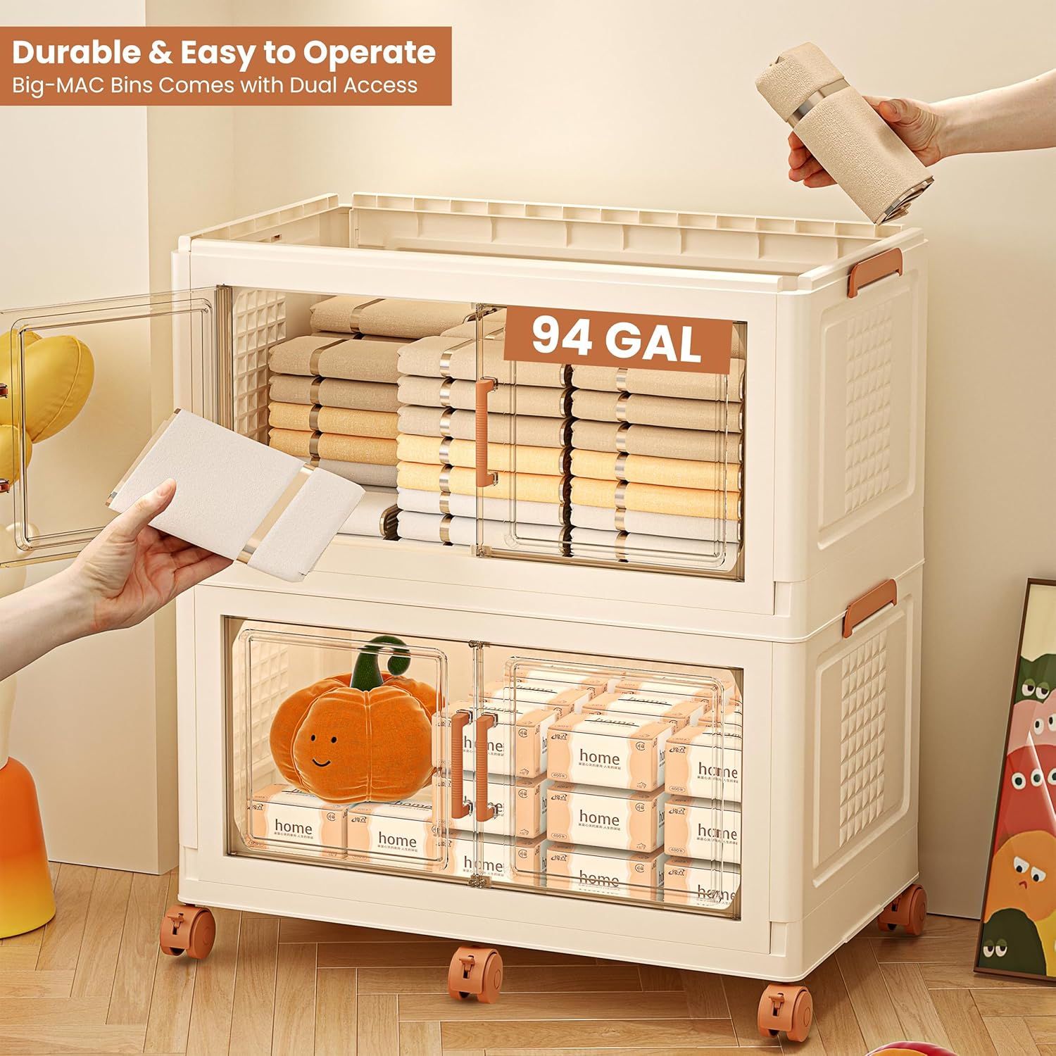 376QT/94Gal 2 Layers Stackable Storage Bins with Lids And Doors - Sensor Lights in Cabinets, Large Collapsible Container Box with 6 Wheels, Plastic Foldable Organizer for Home and Office