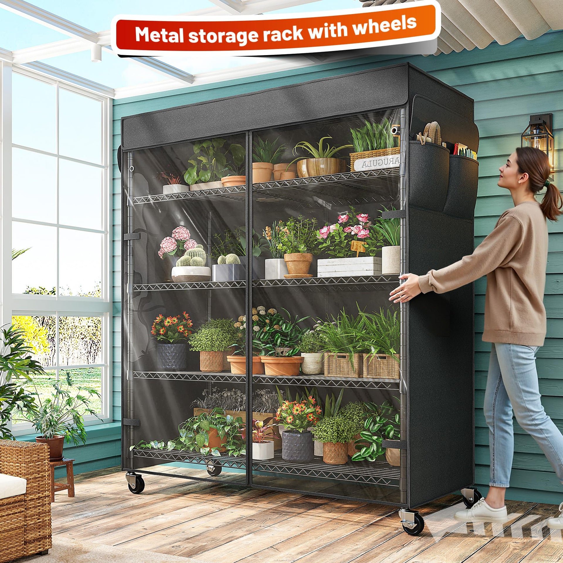 45"W 5 Tier Storage Shelves with Cover & Wheels