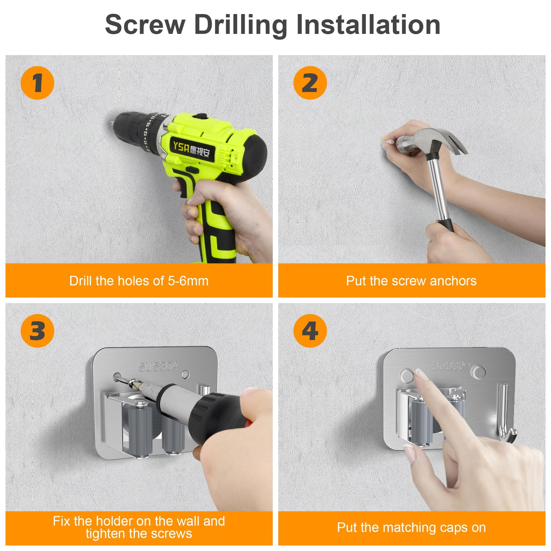 4 Pack Stainless Steel Heavy Duty Broom Holder Wall Mount with Hook (4 Count)