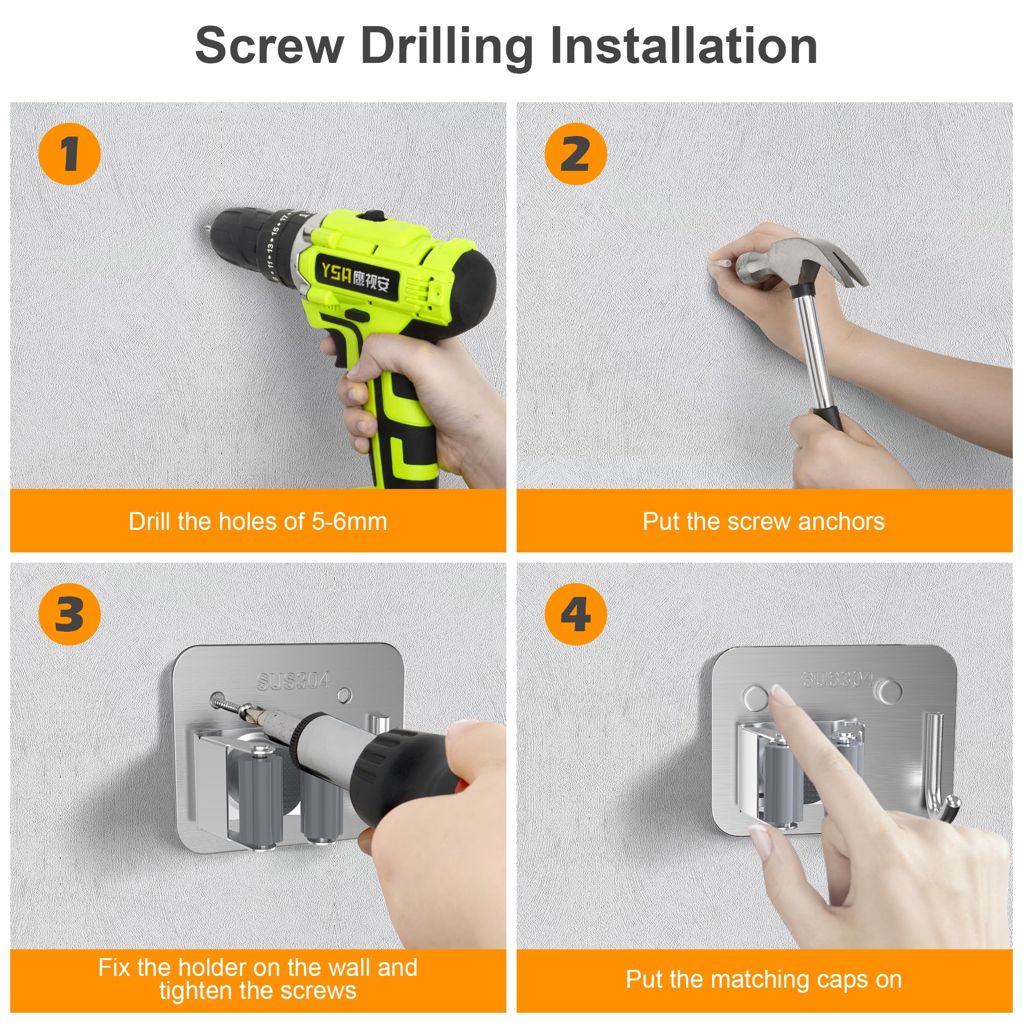 4 Pack Stainless Steel Heavy Duty Broom Holder Wall Mount with Hook (4 Count)