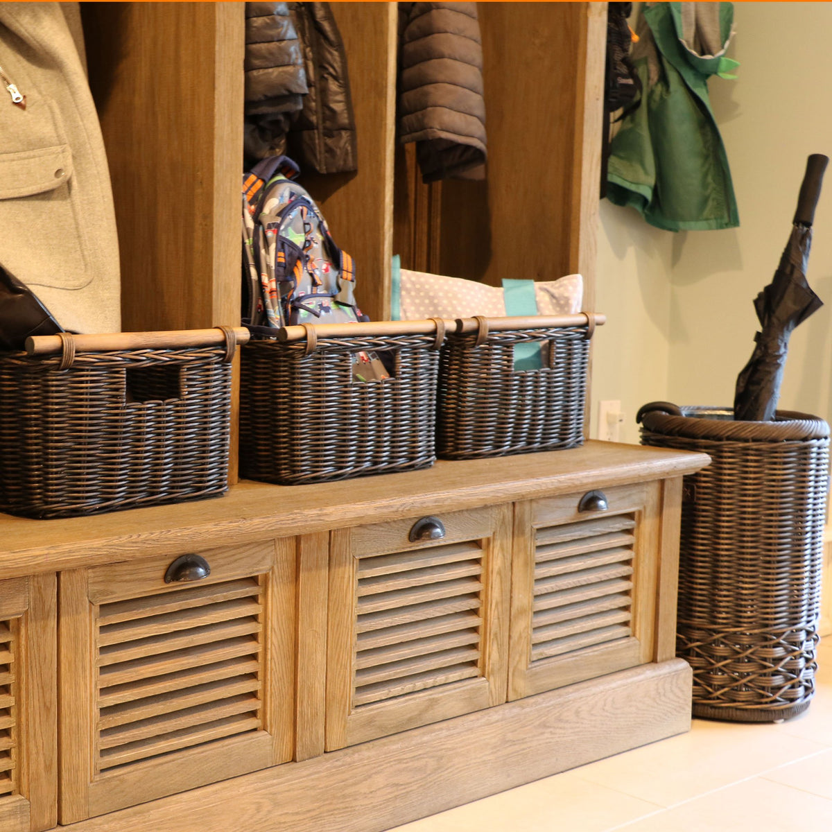 Deep Pole Handle Wicker Storage Basket XL Walnut Brown