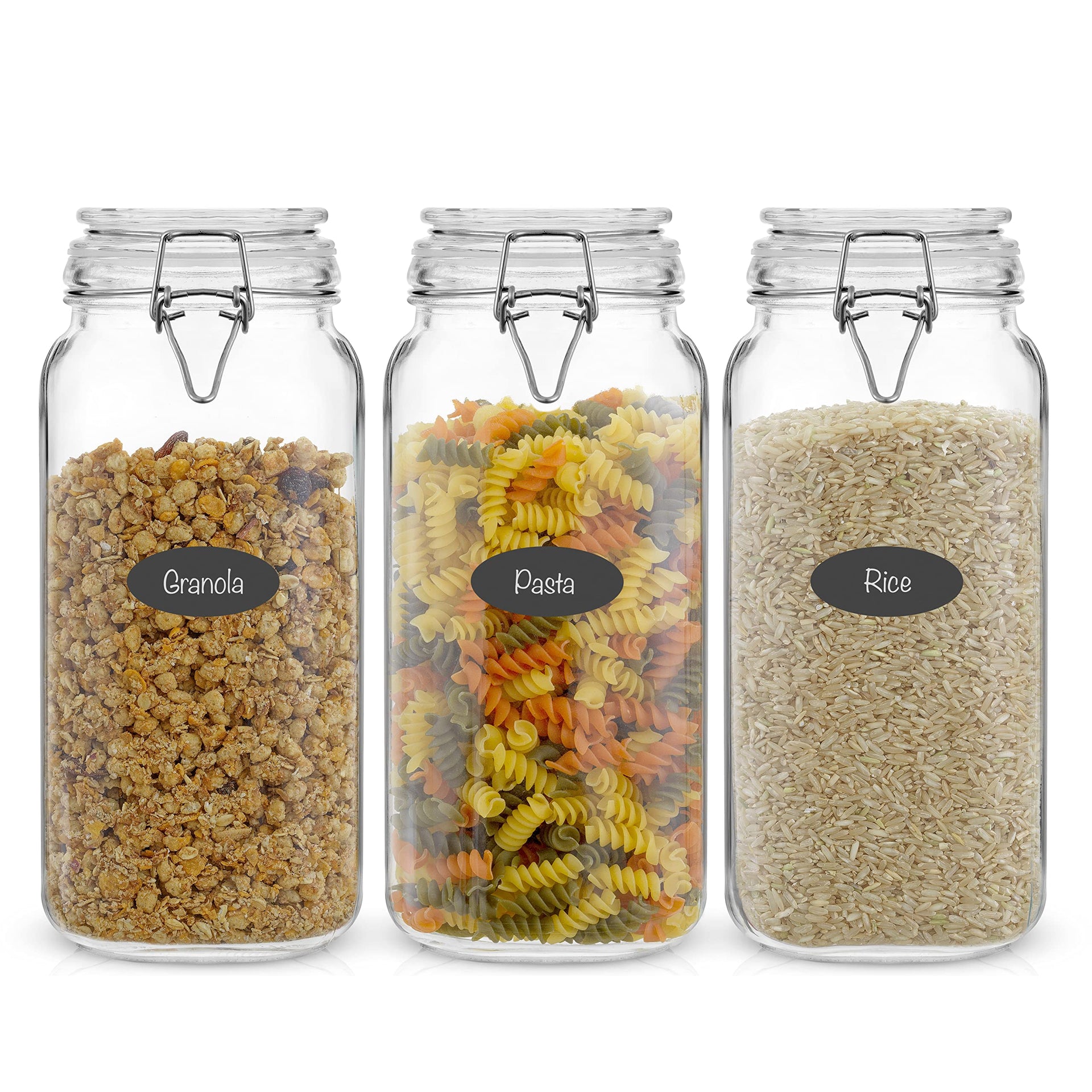 Airtight Glass Jars with Lids Set of 3. 78oz Glass Jar with Lid and 6 Silicone Seals! Large Glass Food Storage Containers. Square Mason Jar (3 Count)
