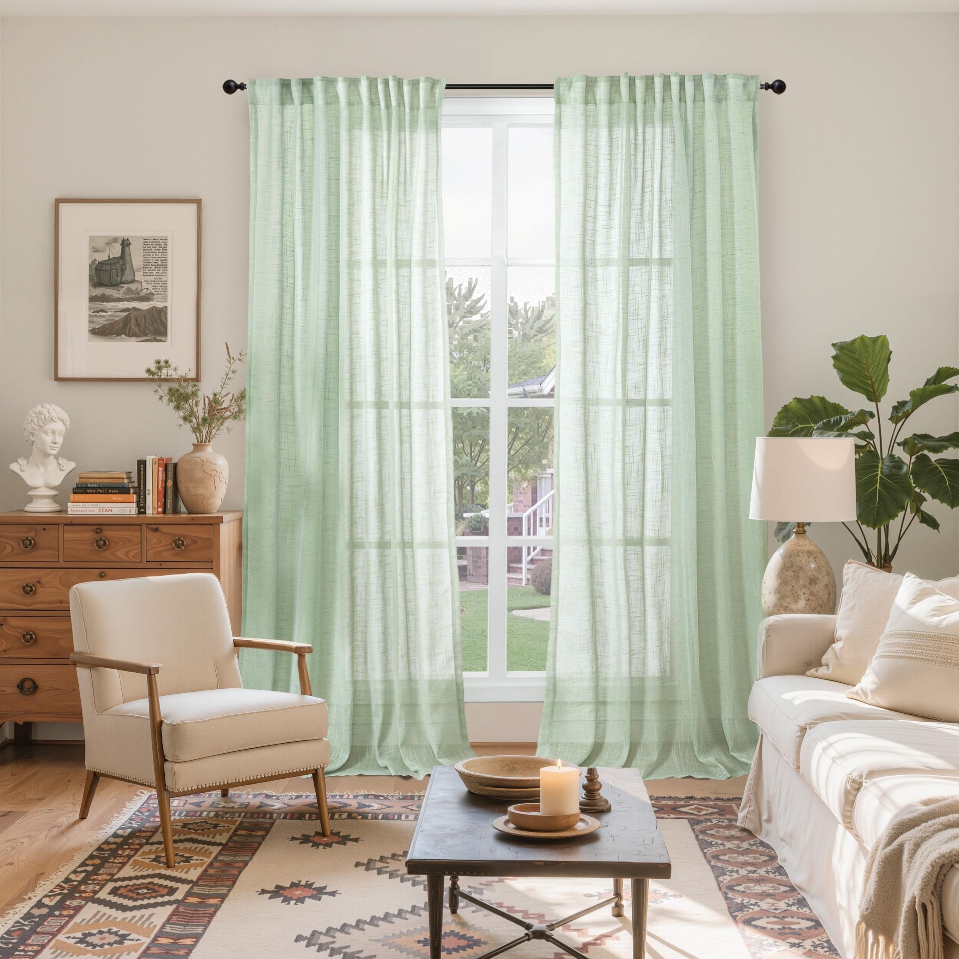 Light Green Linen Semi Sheer Curtains 84 Inch Length for Living Room (2 Count)