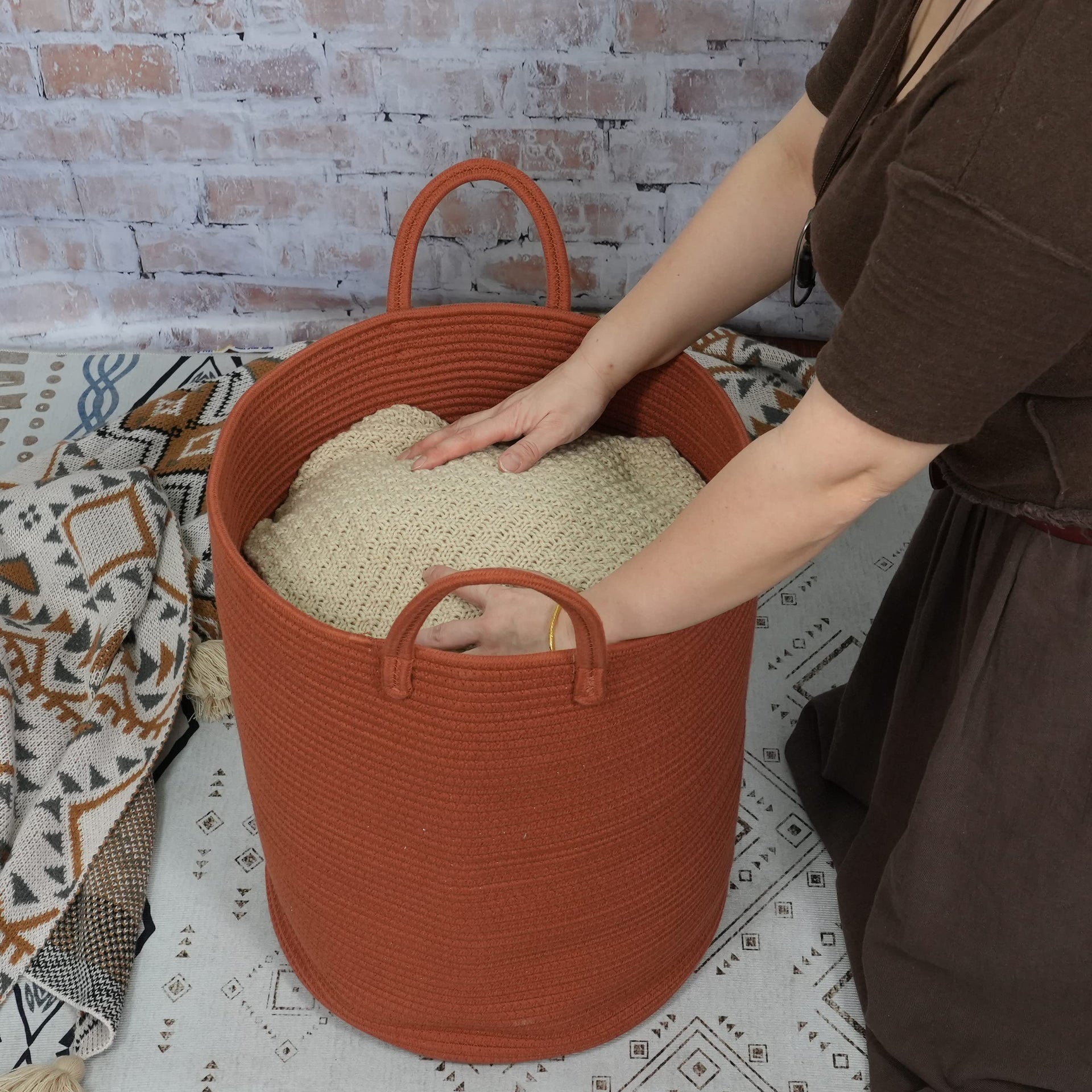 Cotton Rope Laundry Basket Hamper for Clothes Large Rust Red
