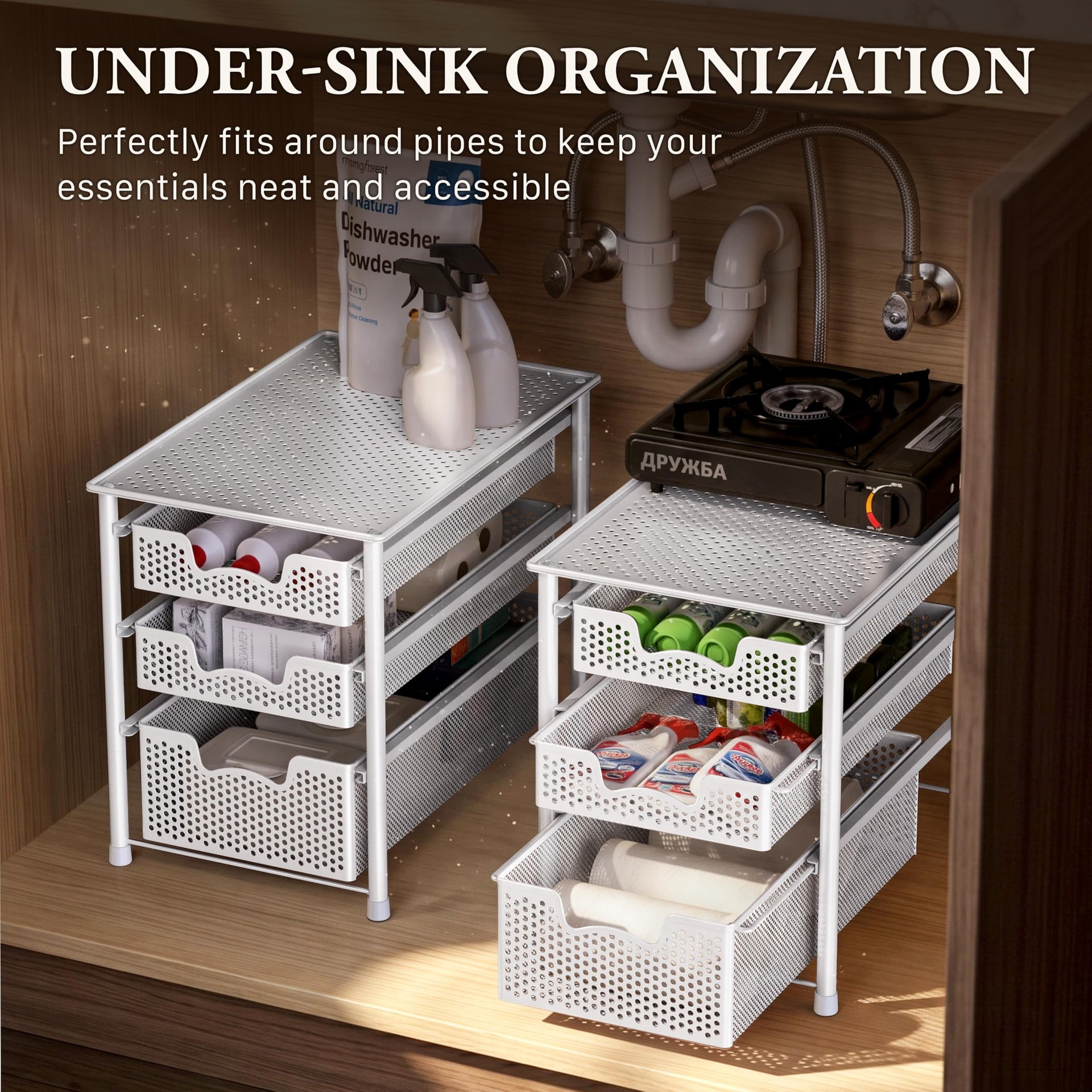 3 Tier White Alloy Steel Sliding Basket Organizer Drawer Cabinet