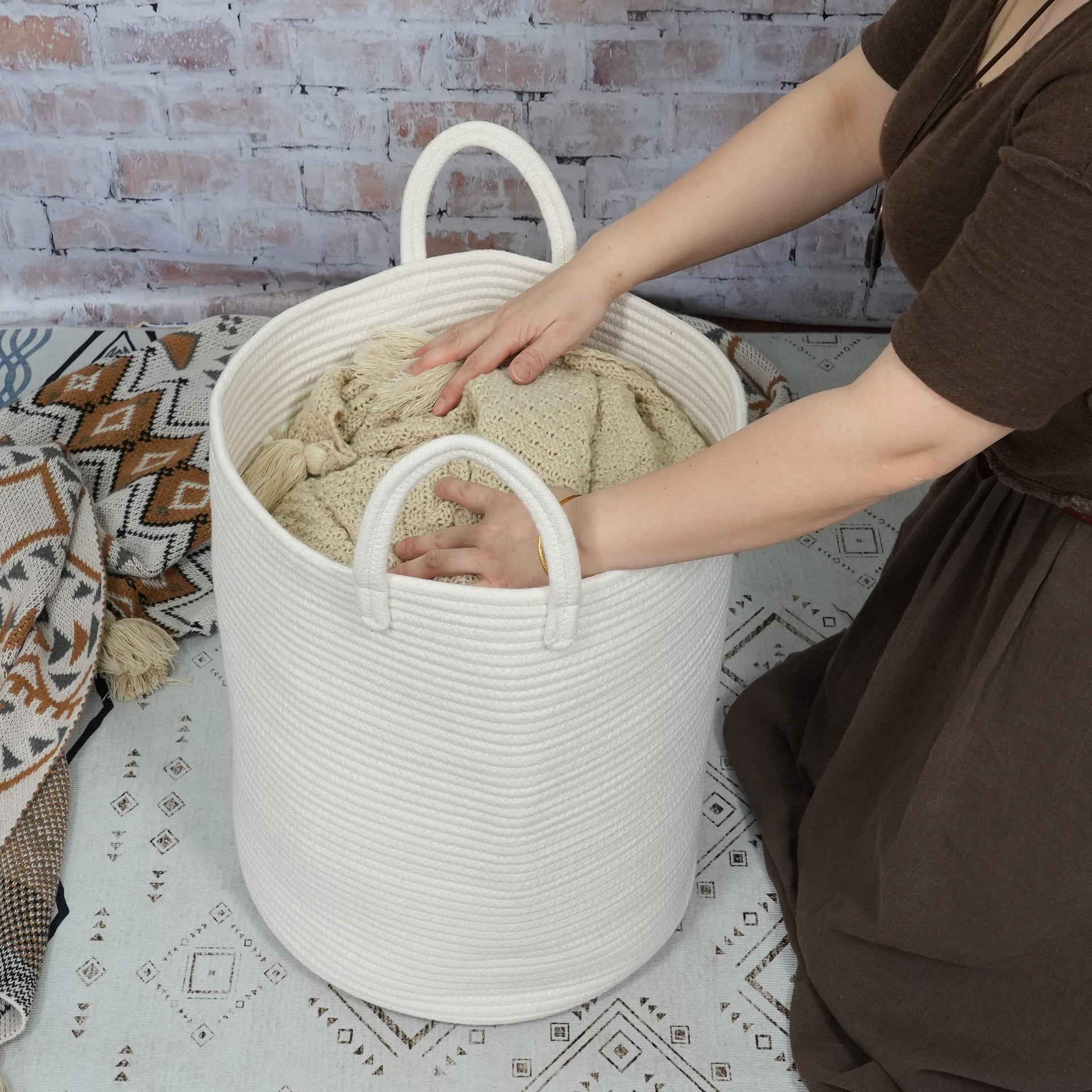 White Cotton Rope Laundry Basket Hamper for Clothes Large