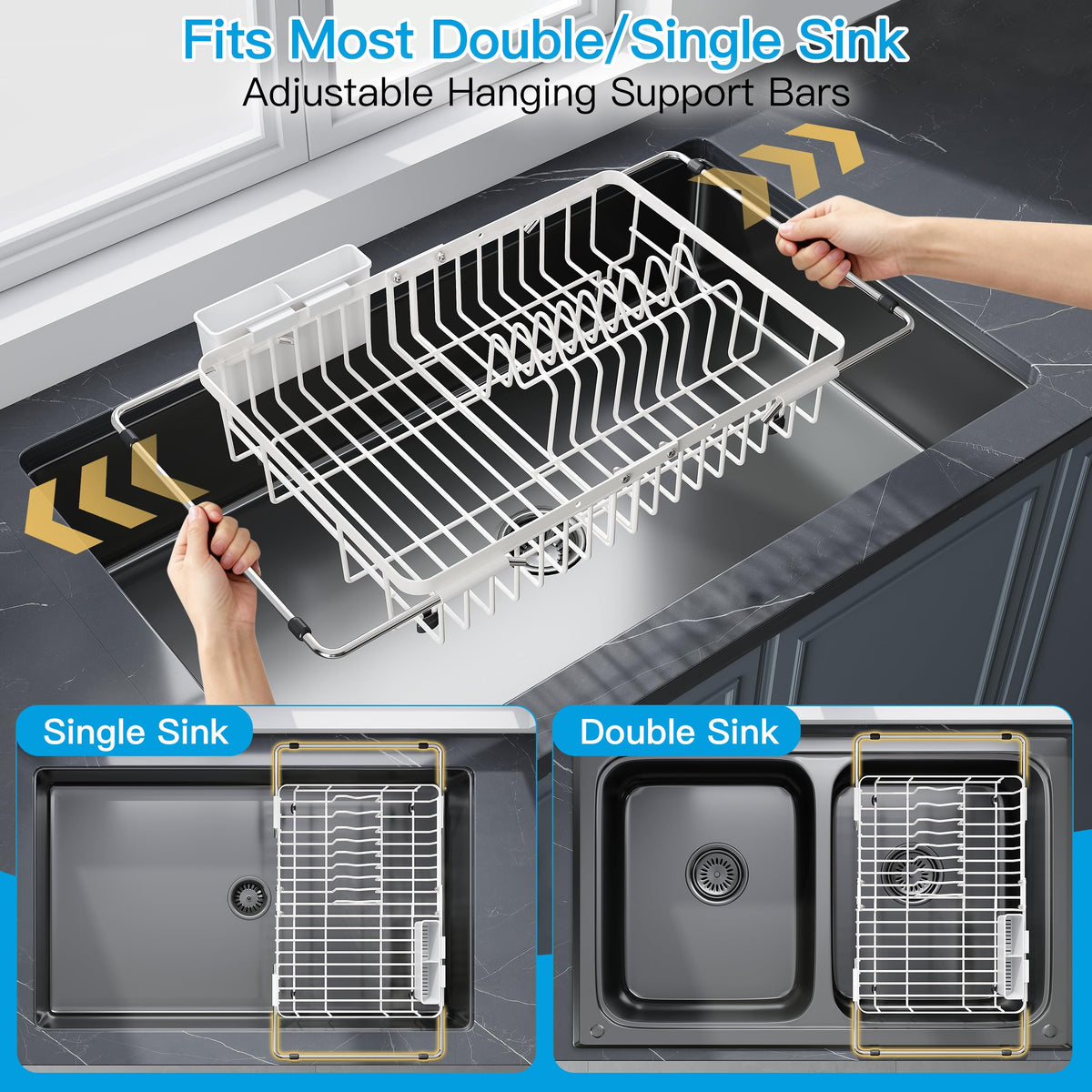 White Dish Drying Rack Over the Sink with Utensil Holder