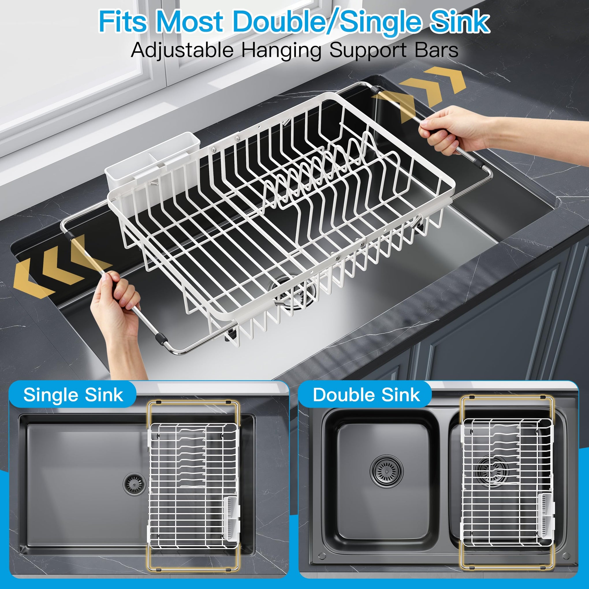White Dish Drying Rack Over the Sink with Utensil Holder