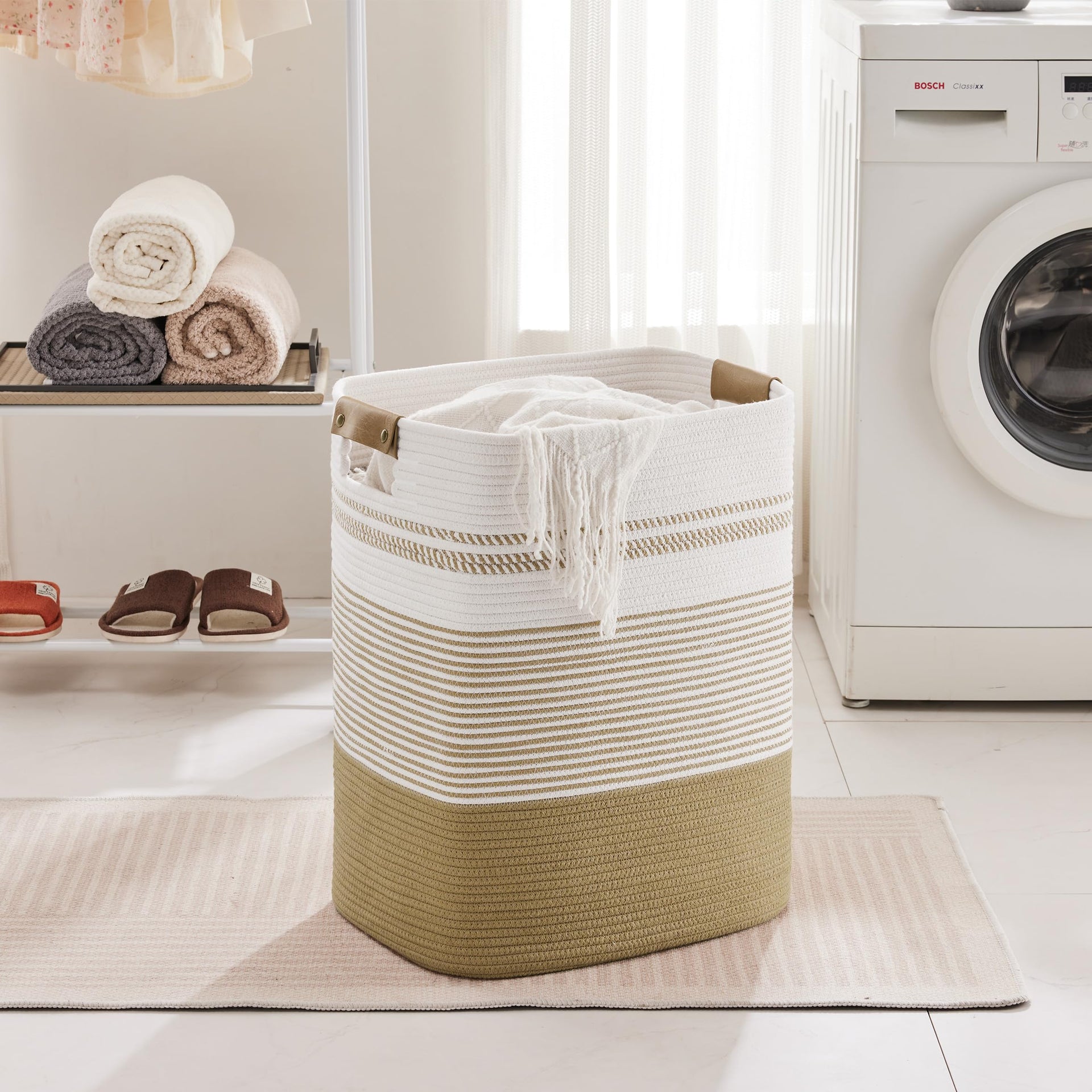 85L Tall Woven Laundry Basket Hamper with Leather Handles - ModHome Supplies