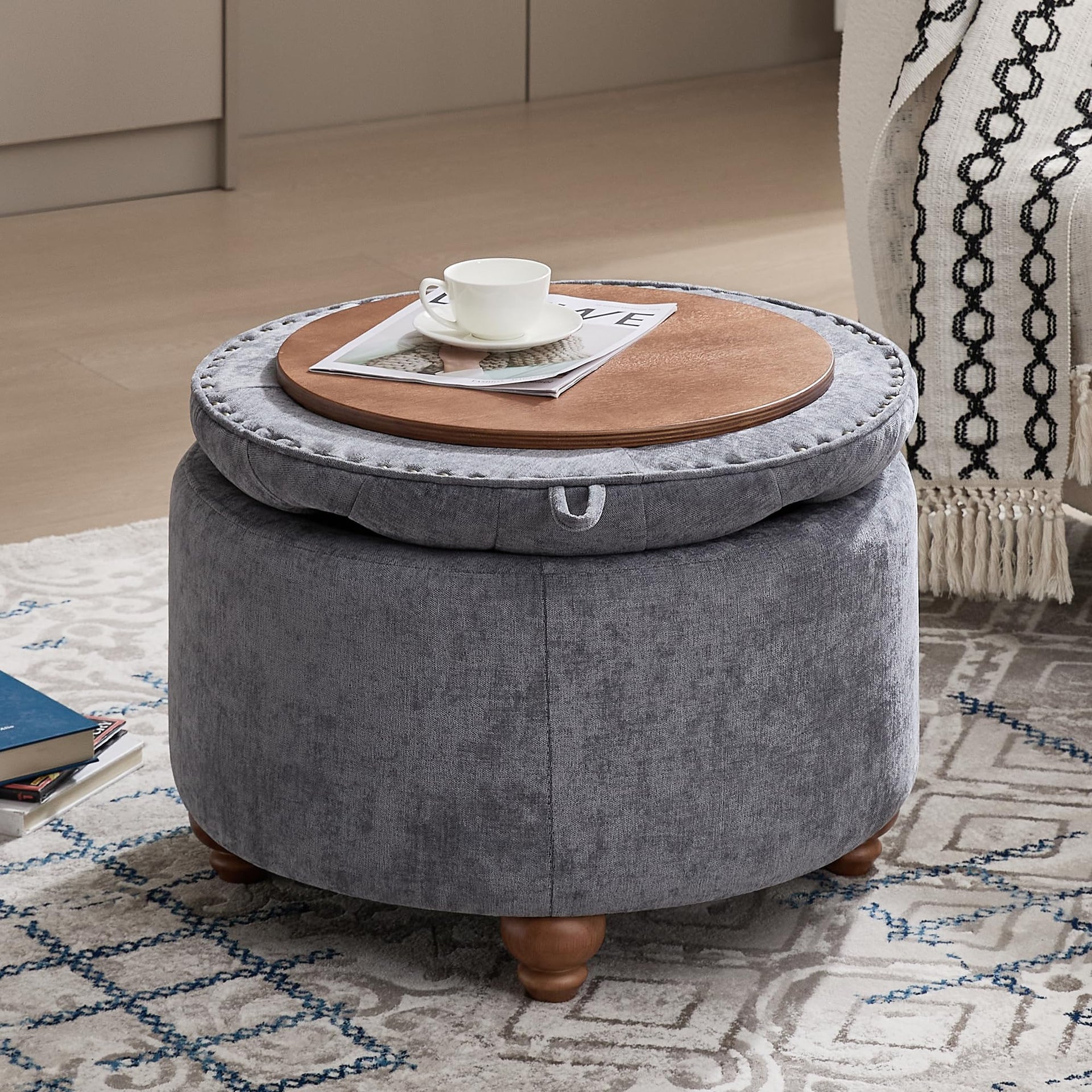 24Inch Round Storage Ottoman with Tray