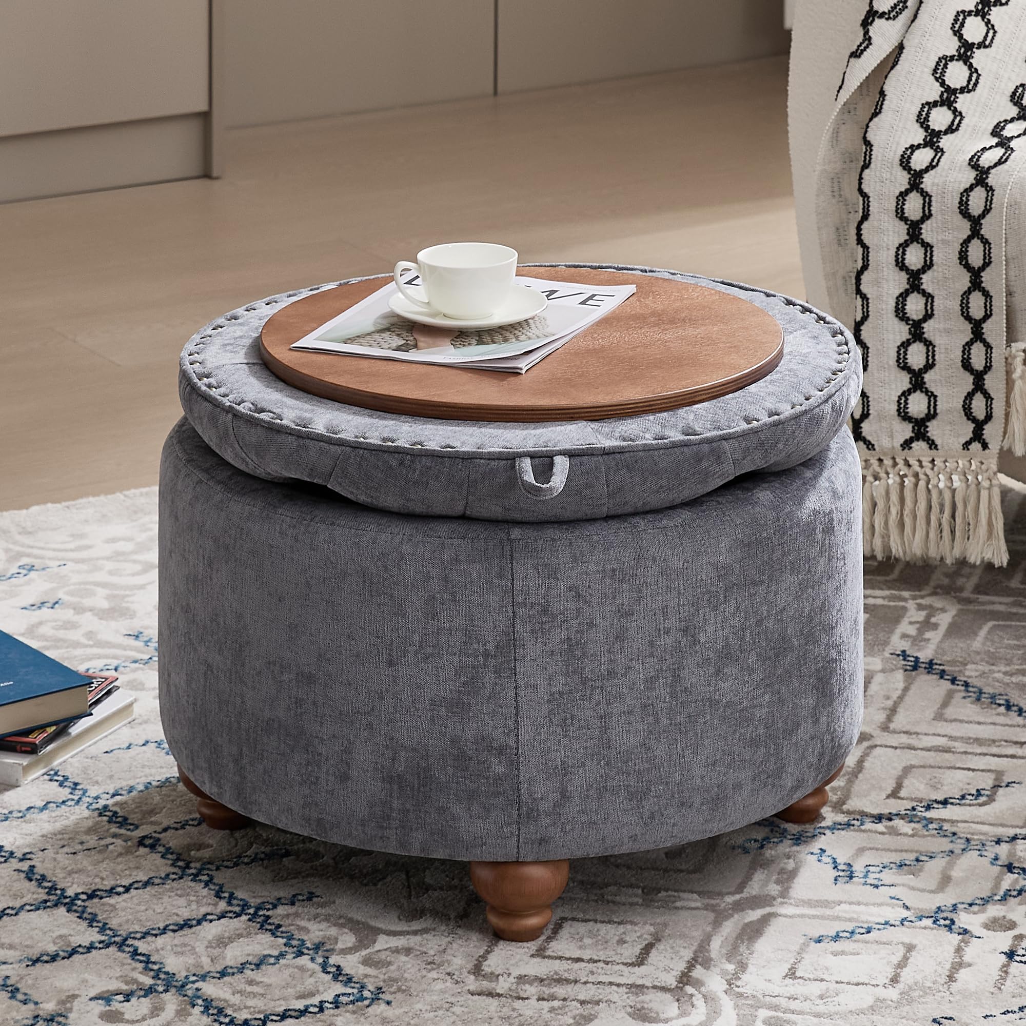 24Inch Round Storage Ottoman with Tray
