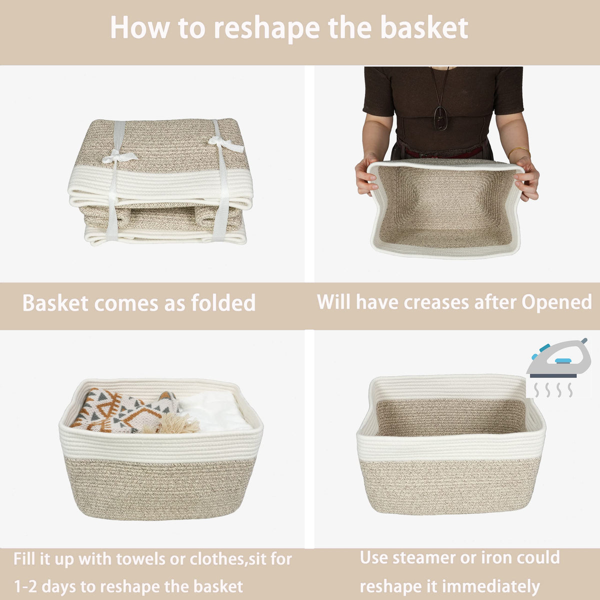 Woven Cotton Rope Storage Baskets 15x10x9.3" 3 Pack White and Brown