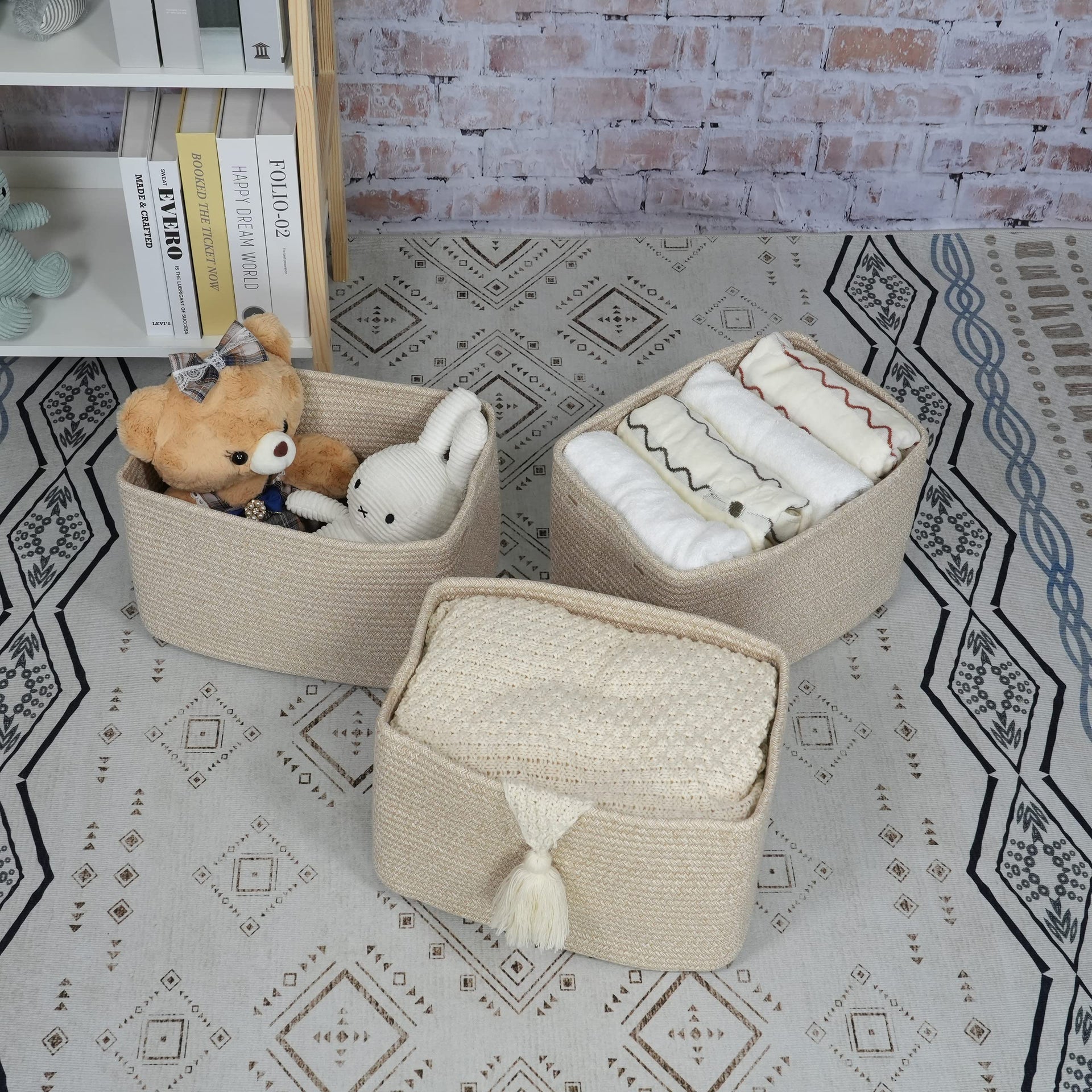 Woven Cotton Rope Storage Baskets 15x10x9.3" 3 Pack Oatmeal