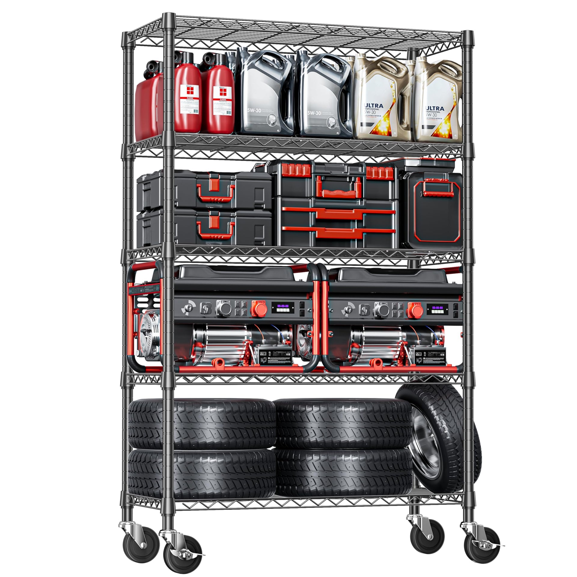 5 Tier Adjustable Heavy Duty Steel Wire Shelving Unit with Wheels (5 Count)
