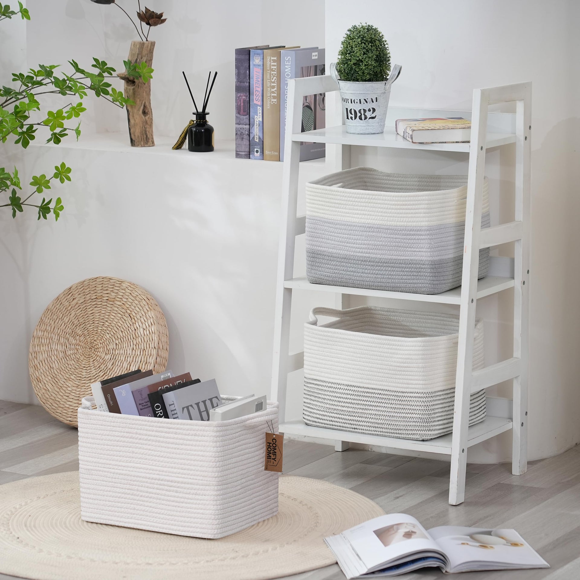 3PACK Cotton Rope Square Basket with Handles for Shelves (3 Count)