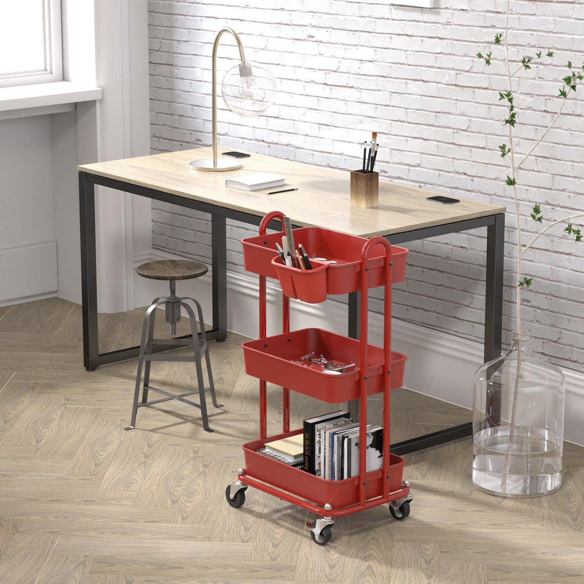 3 Tier Rolling Utility Cart with Hanging Bucket