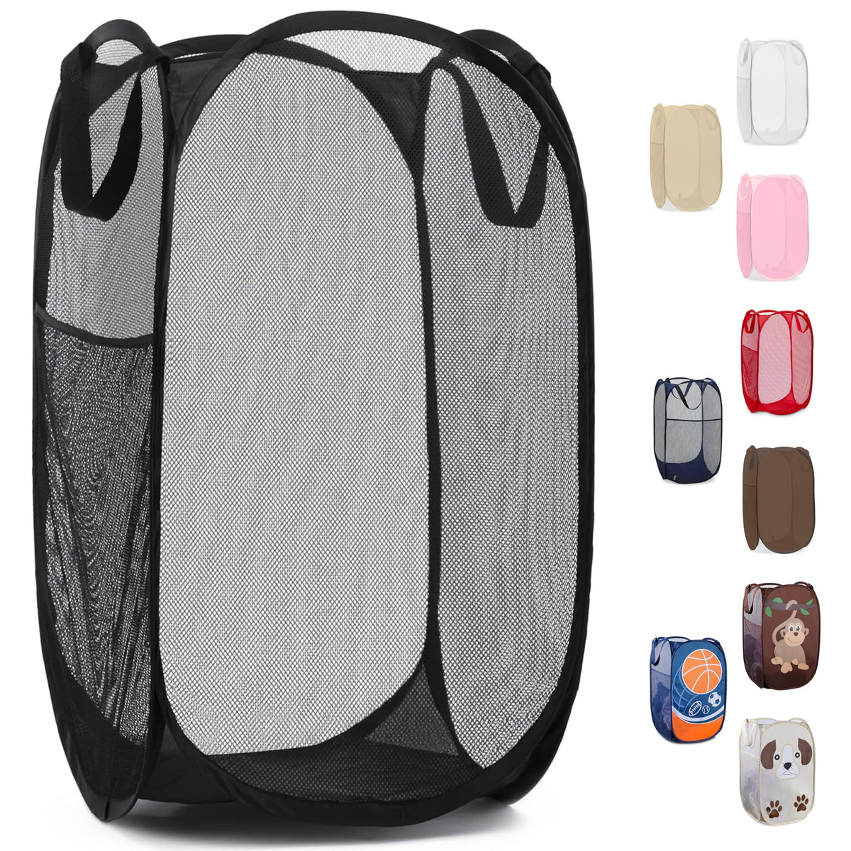 Collapsible Mesh Pop Up Hamper with Wide Opening and Side Pocket