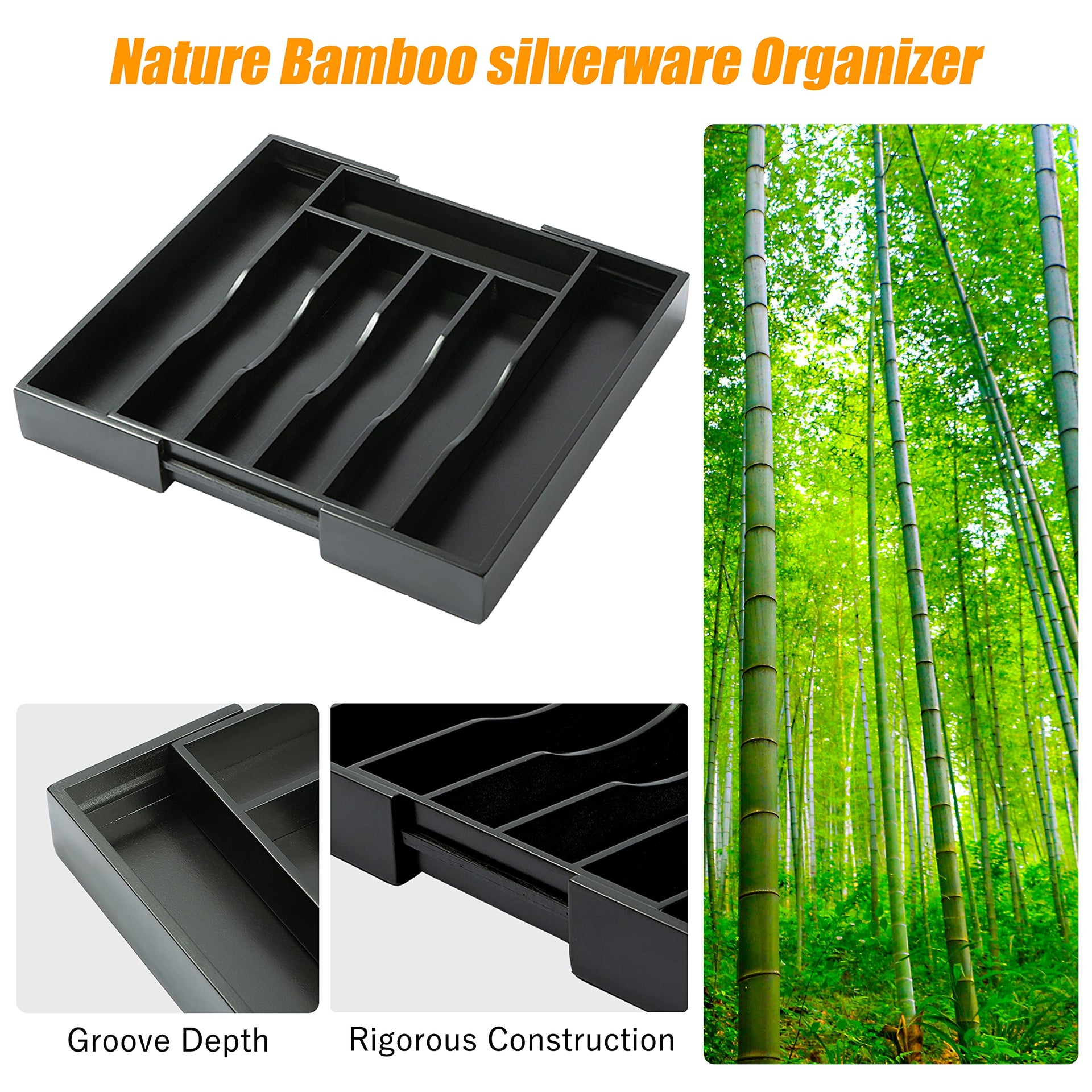 Black Silverware Organizer Kitchen Drawer Organizer Expandable Bamboo Utensil Holder Cutlery Tray for Kitchen Utensil and Flatware Bedroom Office
