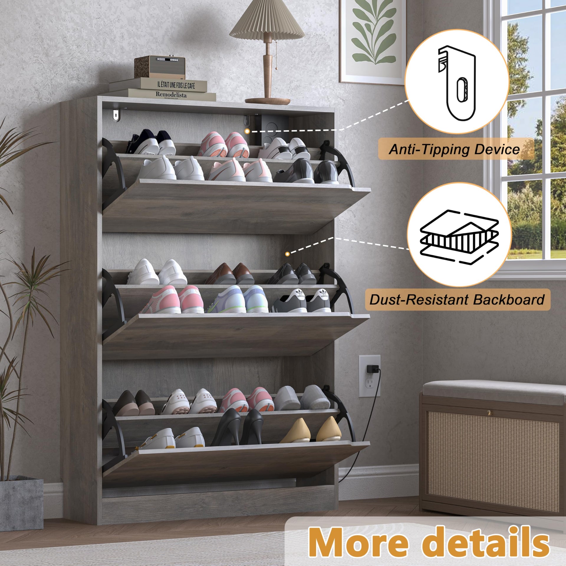 Shoe Cabinet with Odor Control and Back Panels