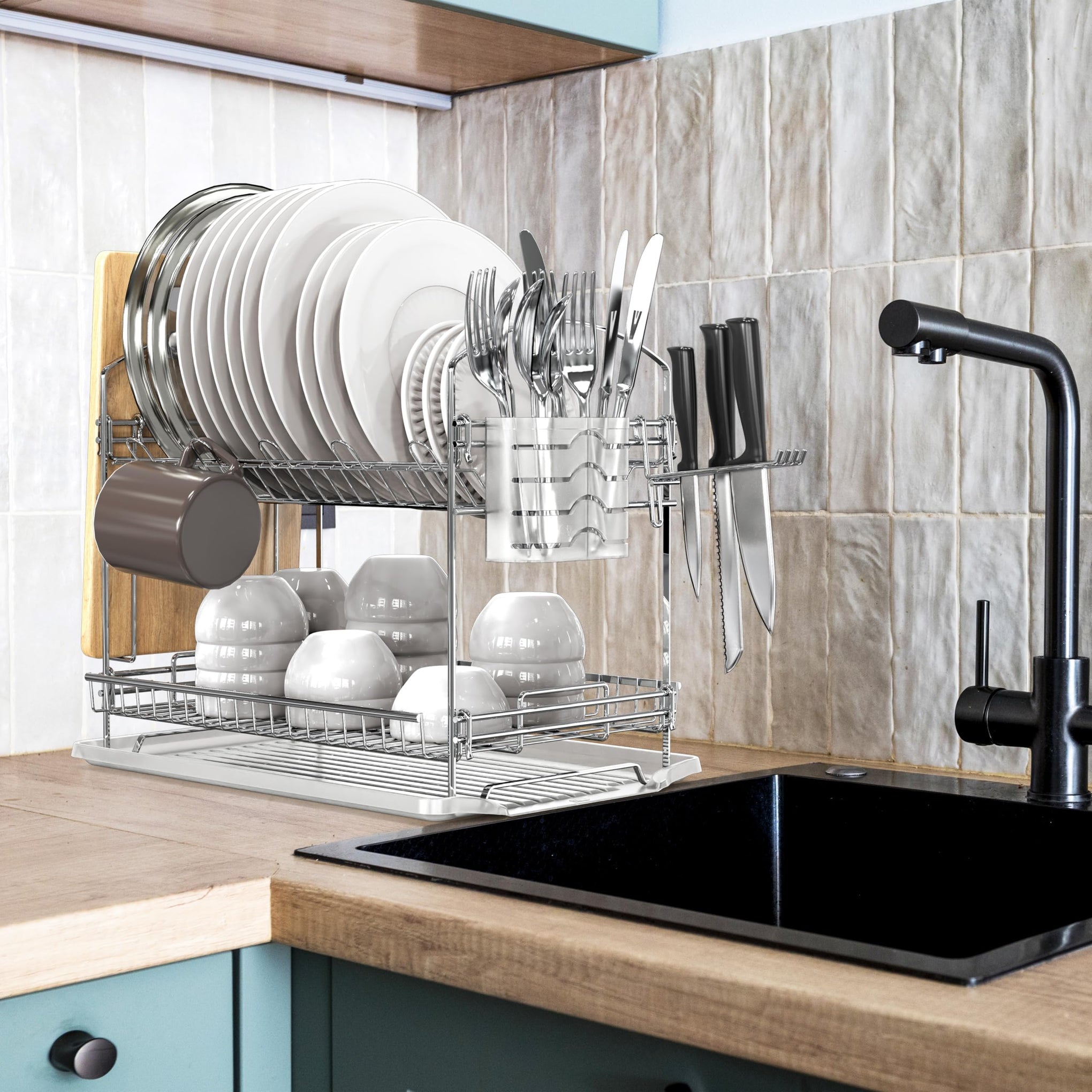 2 Tier Stainless Steel Dish Rack with Drainboard