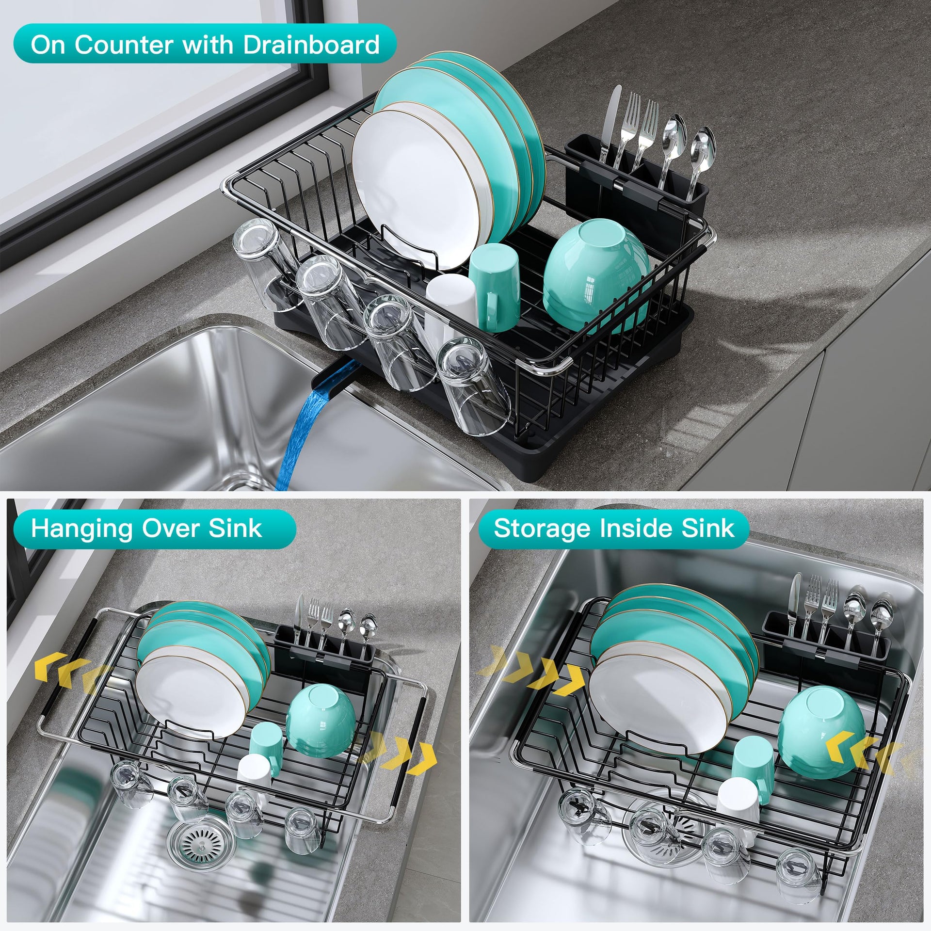 Black Dish Drying Rack in Sink with Drainboard and Utensil Holder
