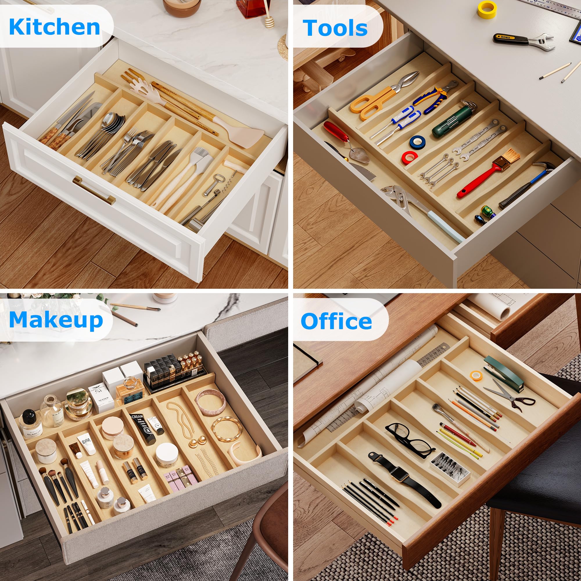 Solid Birch Wood Silverware Drawer Organizer