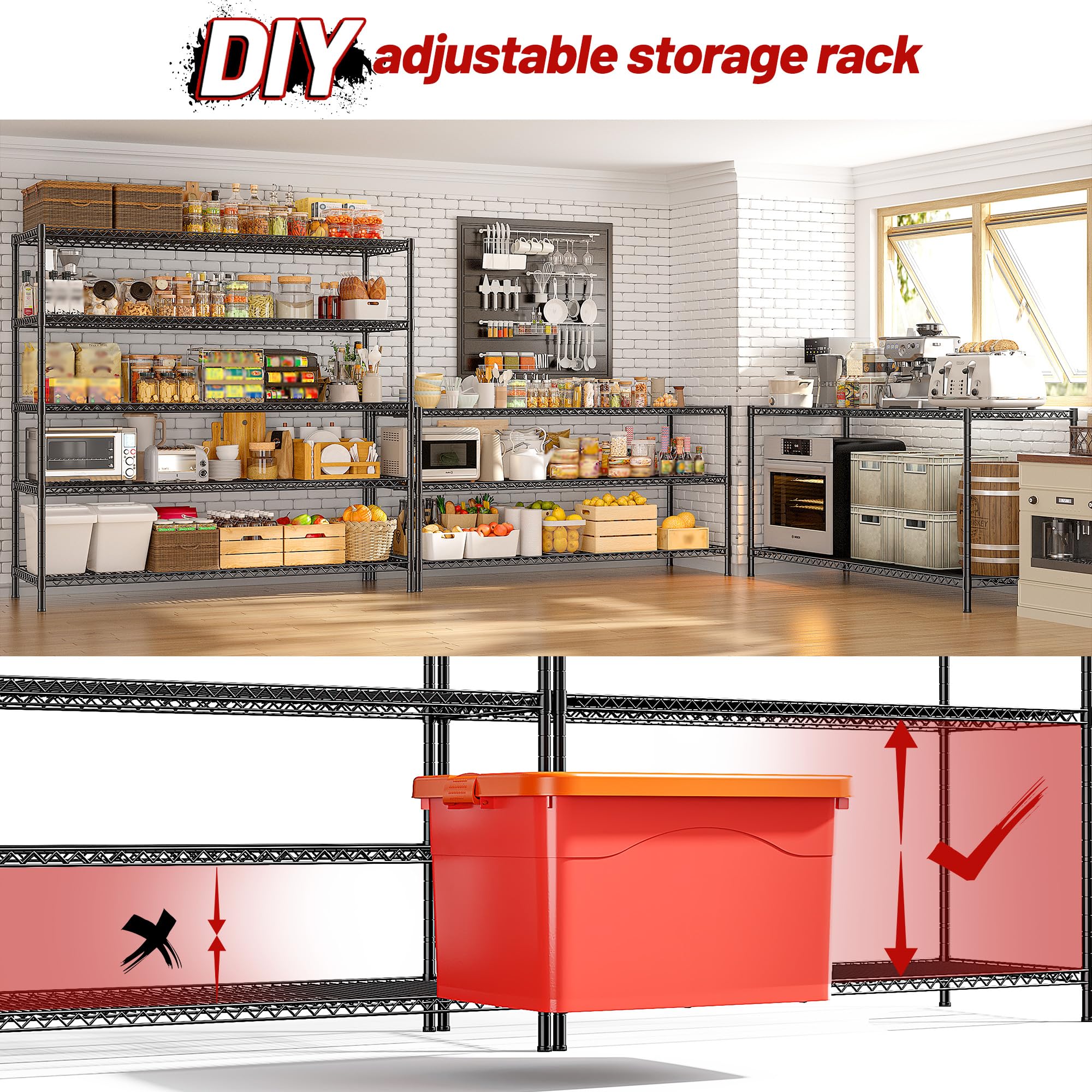 55.5" W Storage Shelves 3200LBS Wire Shelving Unit 5 Tier Metal Shelving Heavy Duty Garage Shelving Metal Shelves for Storage Rack Adjustable Pantry Shelf (3 Count)