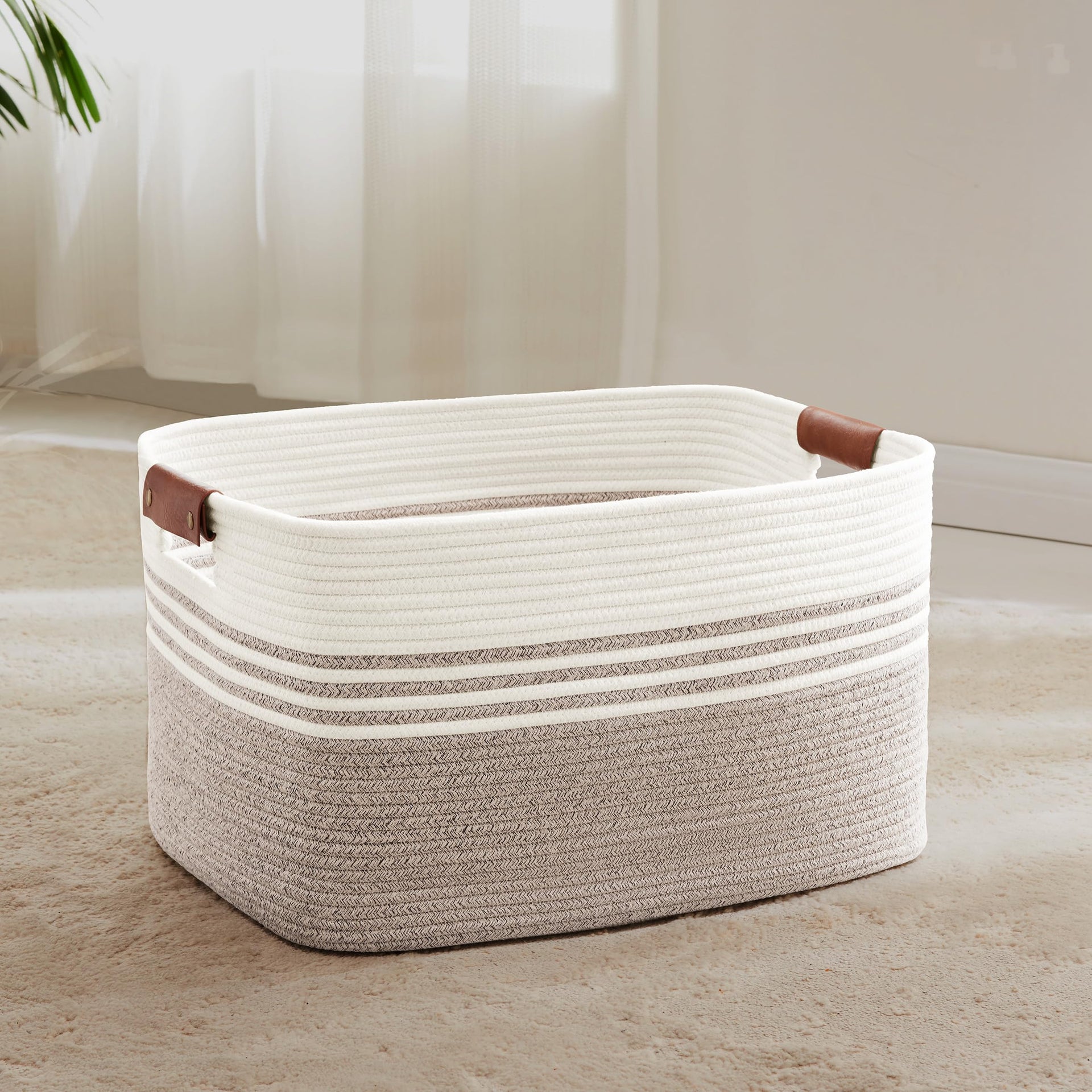 60L Woven Laundry Basket Hamper with Leather Handles - ModHome Supplies