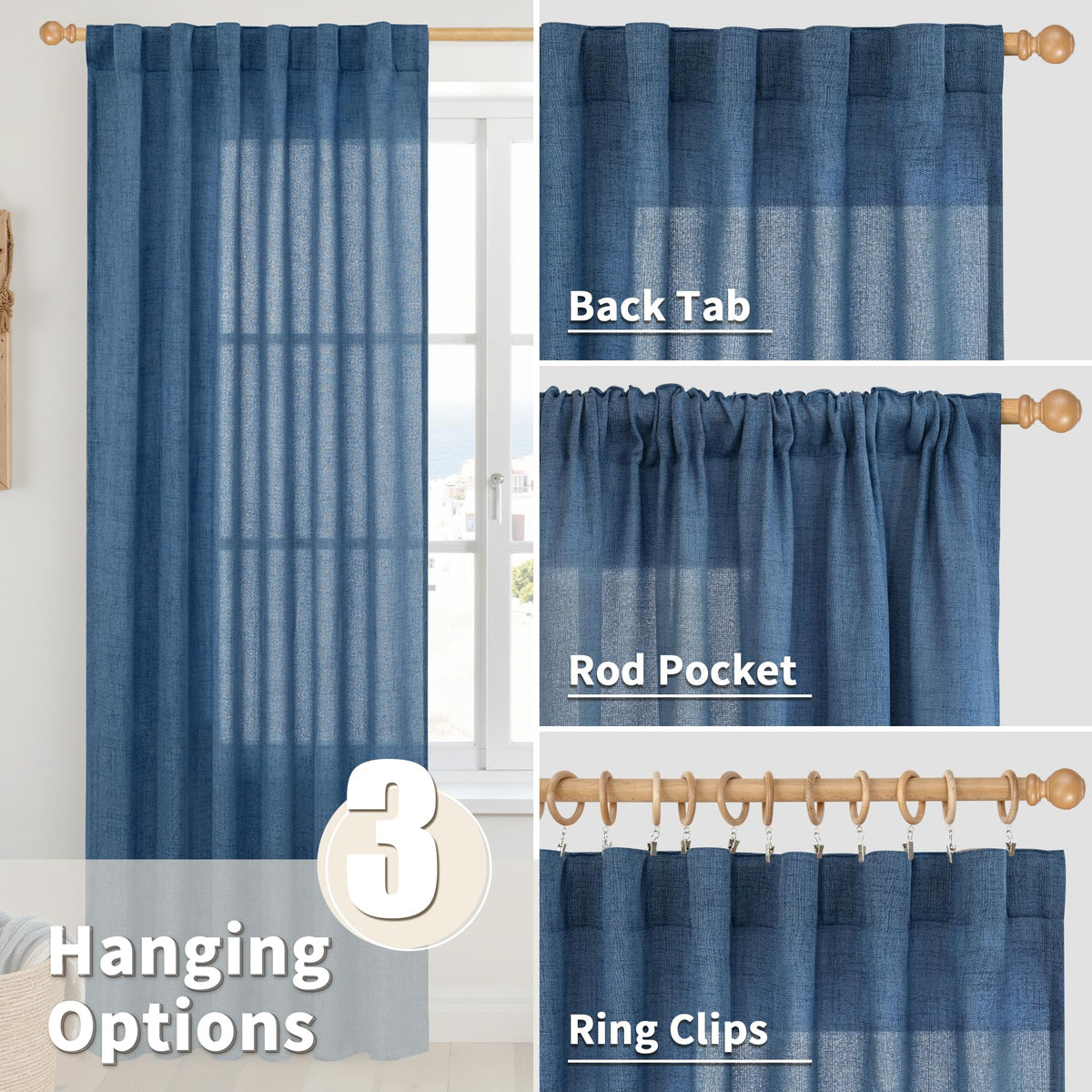 Navy Blue Linen Curtains 48 Inch Length (2 Count)