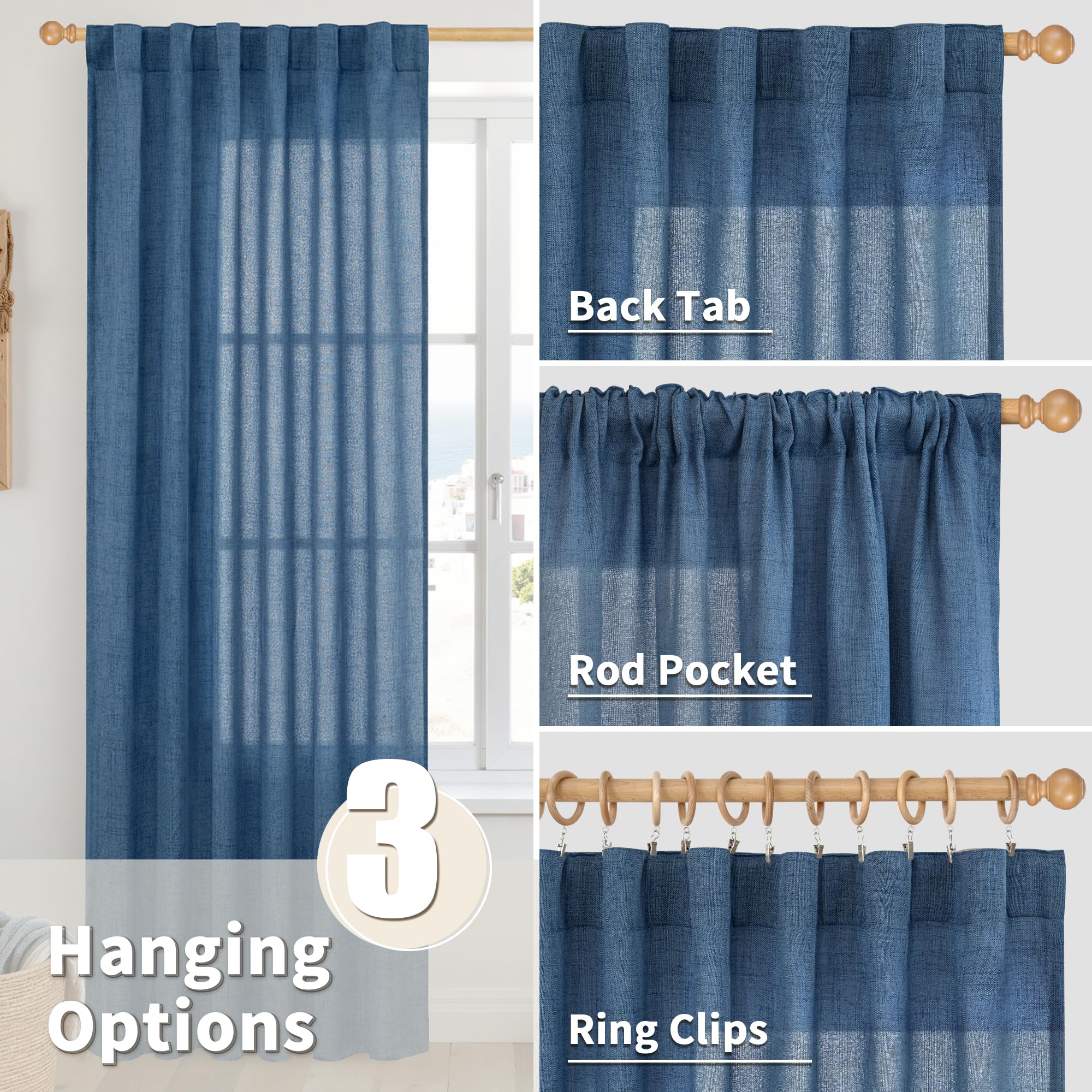 Navy Blue Linen Curtains 48 Inch Length (2 Count)