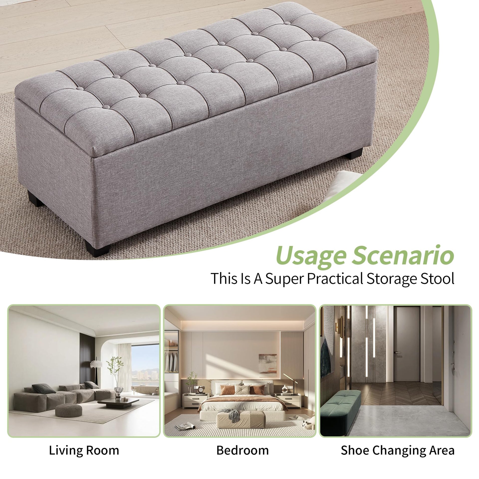 Large Soft Gray Fabric 38 Inch Storage Bench with Hinged Lid and Foot Rest