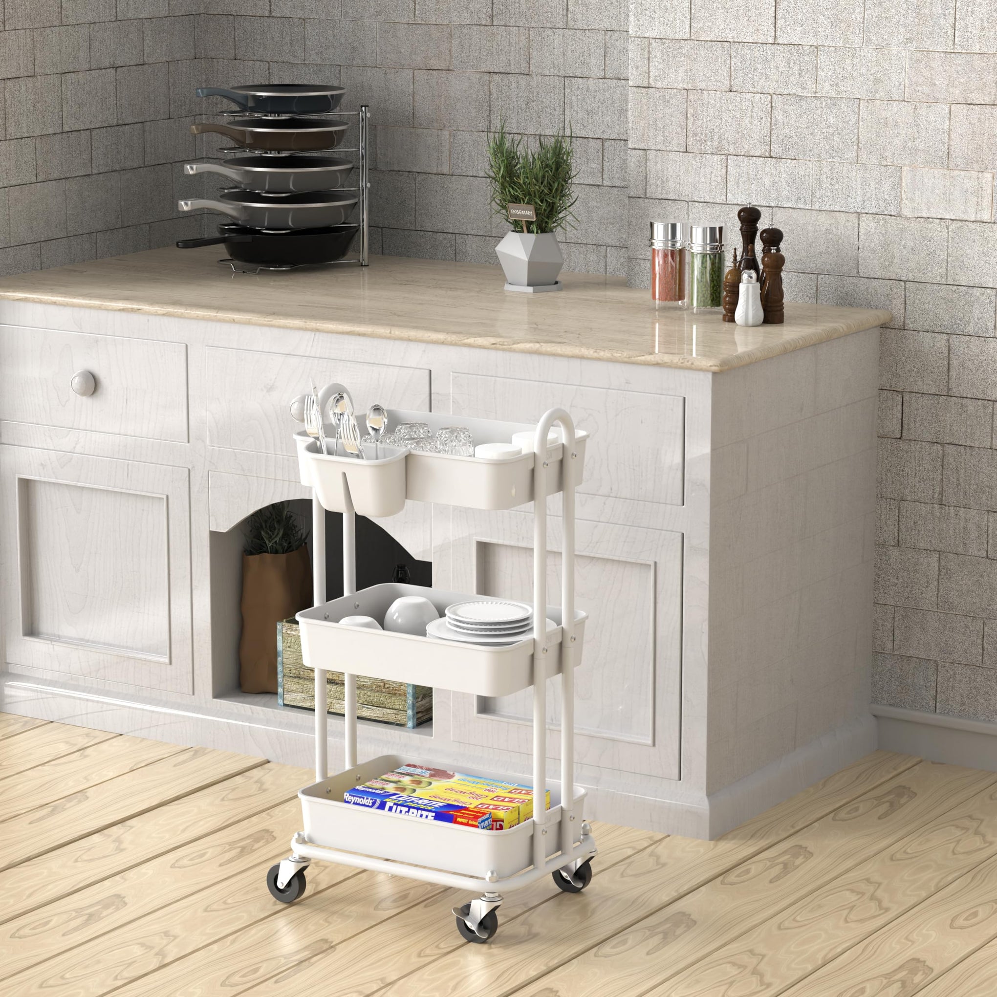 3 Tier Rolling Utility Cart with Hanging Bucket