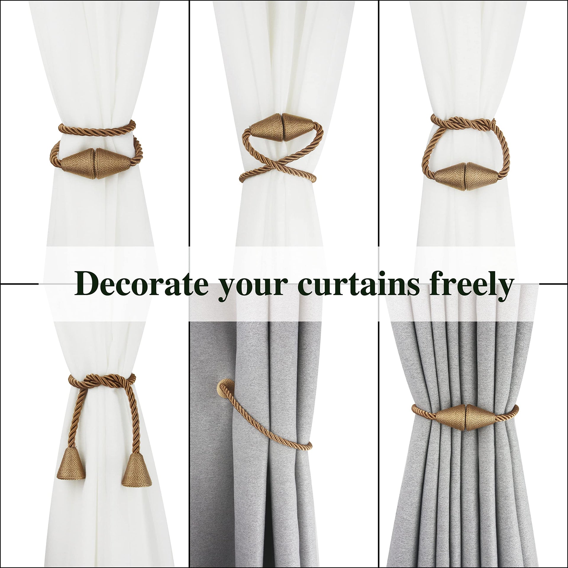6 Pack Magnetic Curtain Tiebacks Rope Modern Handmade Curtain Tie Backs Decorative Drapes Weave Holdbacks for Window Décor