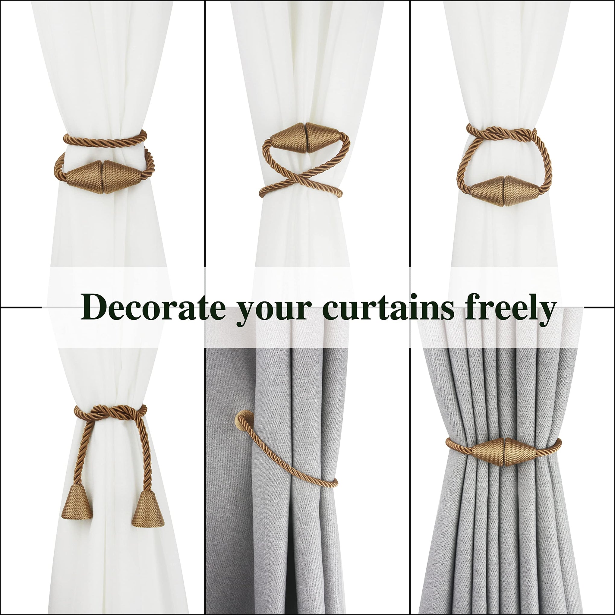 6 Pack Magnetic Curtain Tiebacks Rope Modern Handmade Curtain Tie Backs Decorative Drapes Weave Holdbacks for Window Décor