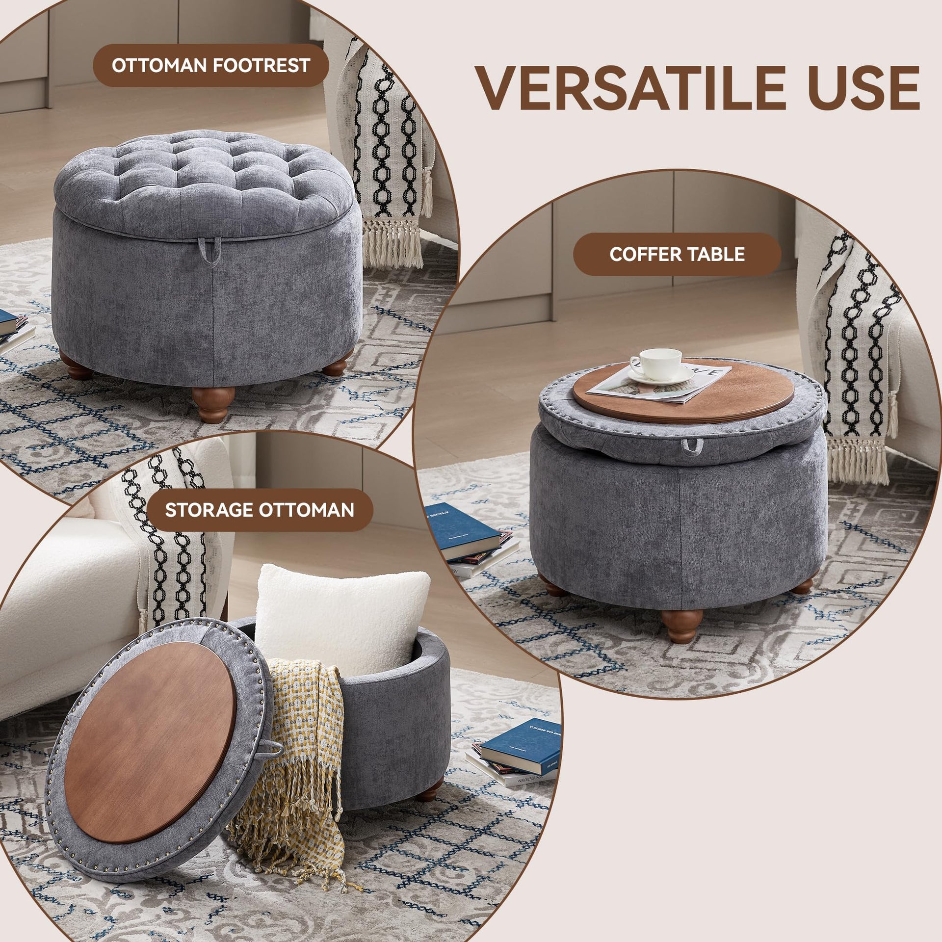 24Inch Round Storage Ottoman with Tray