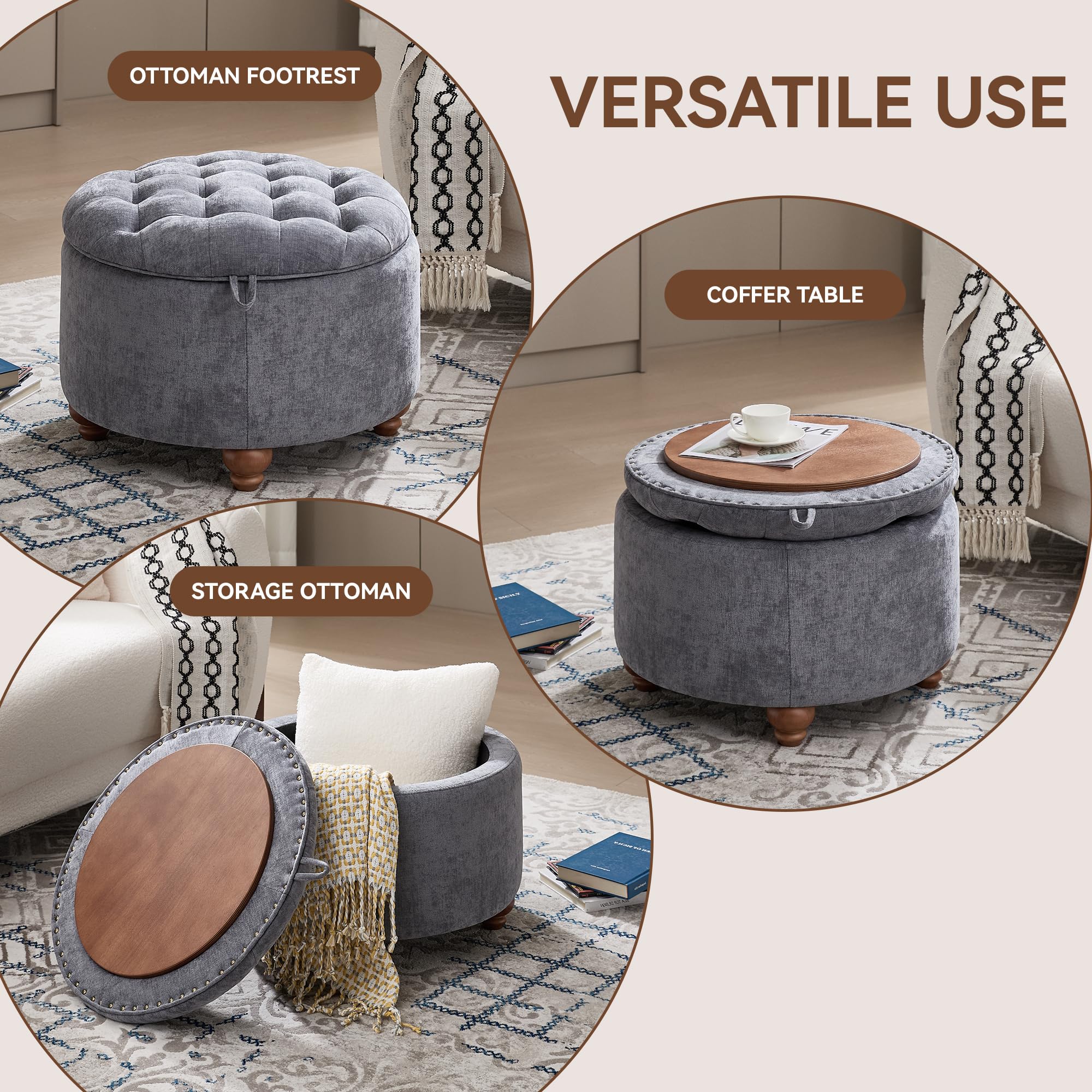 24Inch Round Storage Ottoman with Tray