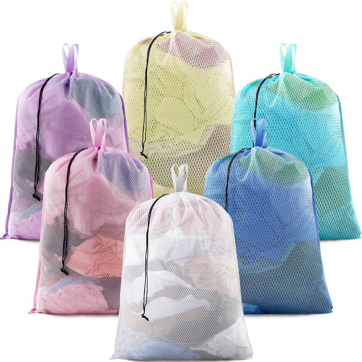 6 Pack 24 x 36 Inches Colorful Large Mesh Laundry Bag with Handles Soft Machine Washable Secure Drawstring Closure Sturdy Mesh Net Laundry for College Travel Dorm Laundromat (6 Count)